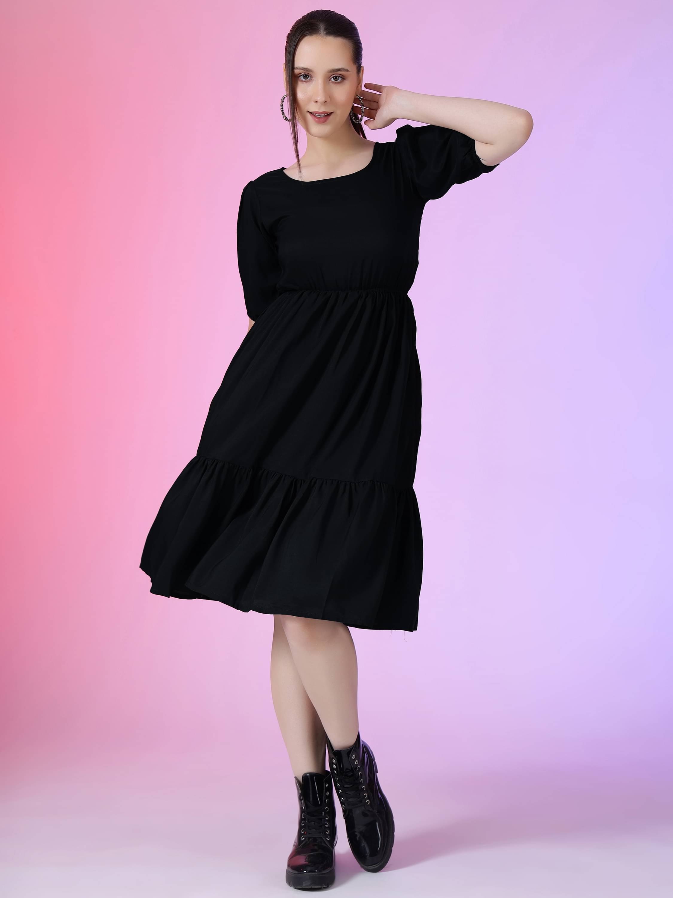 JASH CREATION Polyester Solid Knee Length Women's Fit & Flare Dress - Black ( Pack of 1 ) JASH CREATION Polyester Solid Knee Length Women's Fit & Flare Dress - Black ( Pack of 1 )
