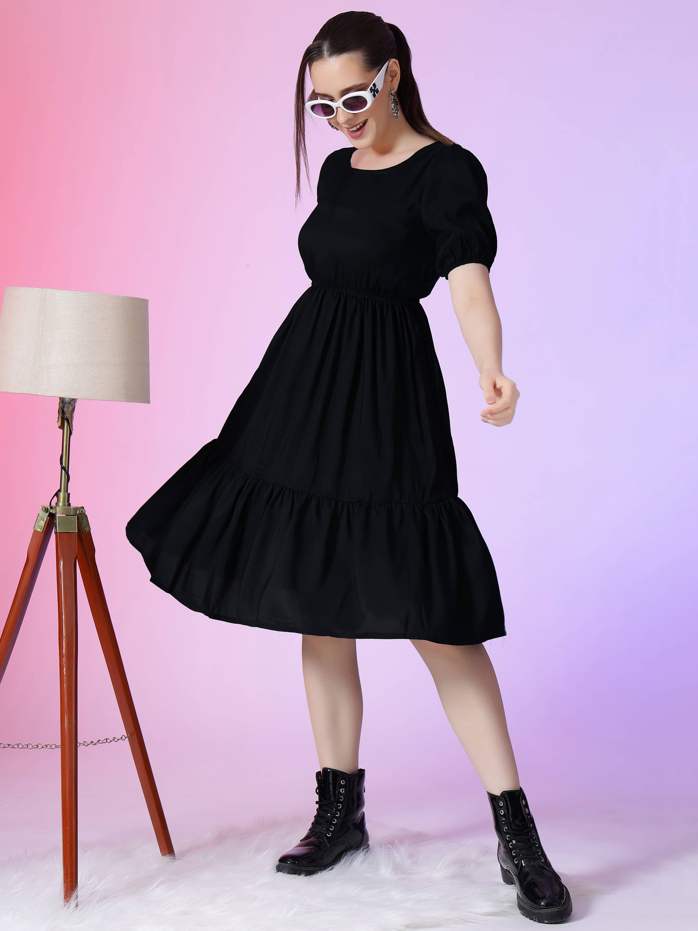     			JASH CREATION Women Polyester Solid Fit & Flare Dress ( Black )