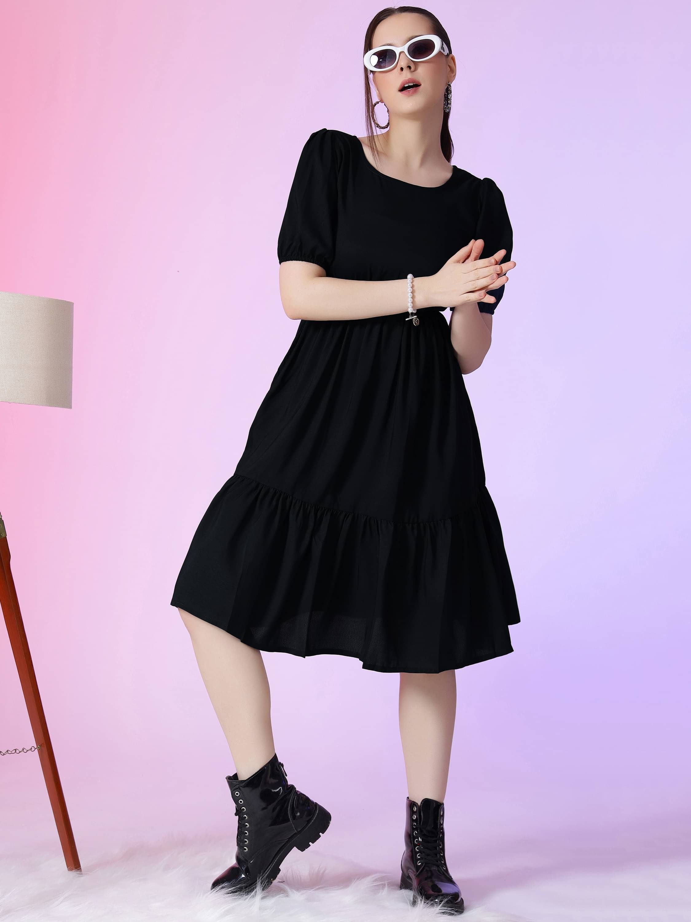 JASH CREATION Polyester Solid Knee Length Women's Fit & Flare Dress - Black ( Pack of 1 ) JASH CREATION Polyester Solid Knee Length Women's Fit & Flare Dress - Black ( Pack of 1 )
