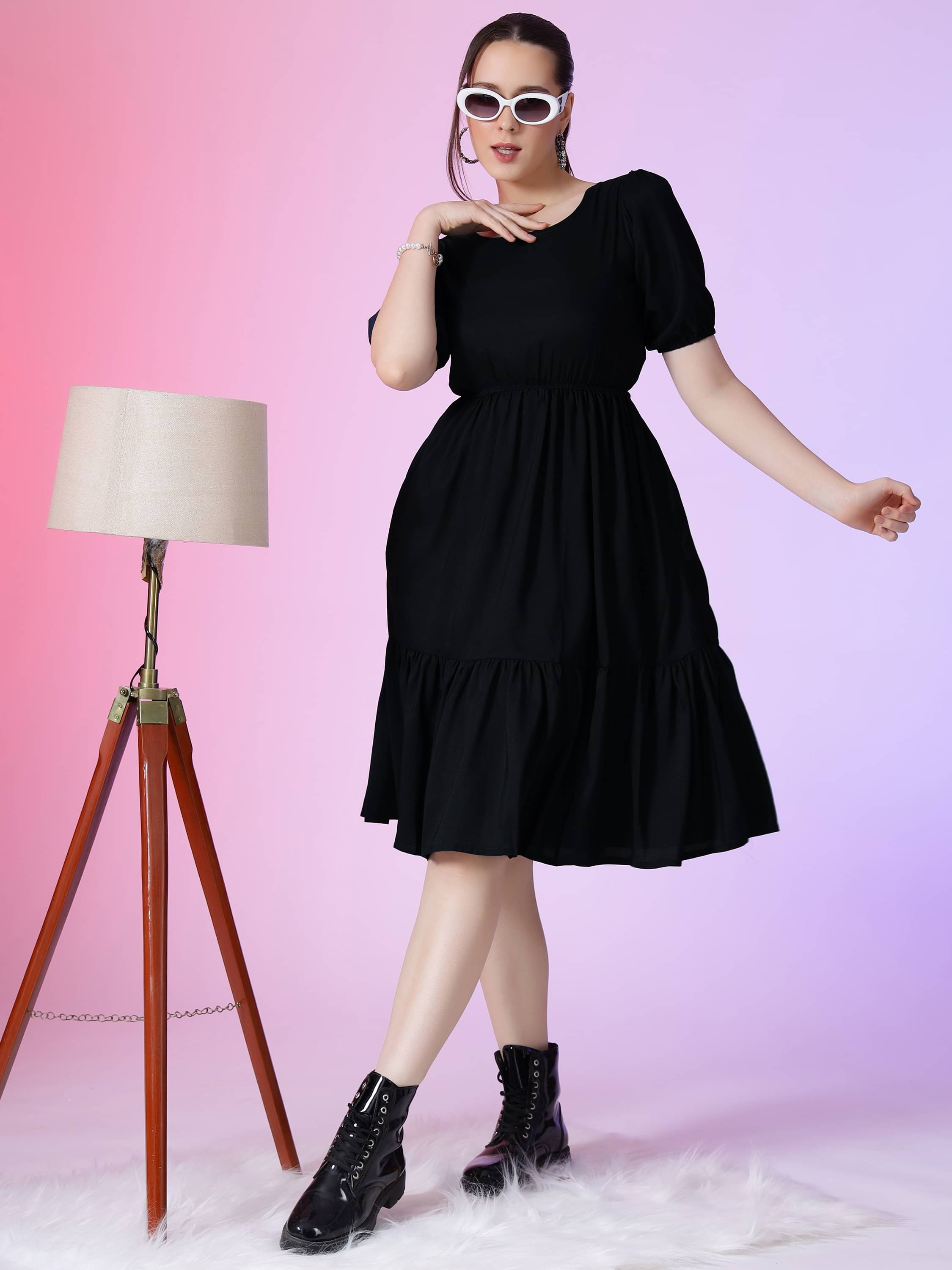 JASH CREATION Polyester Solid Knee Length Women's Fit & Flare Dress - Black ( Pack of 1 ) JASH CREATION Polyester Solid Knee Length Women's Fit & Flare Dress - Black ( Pack of 1 )