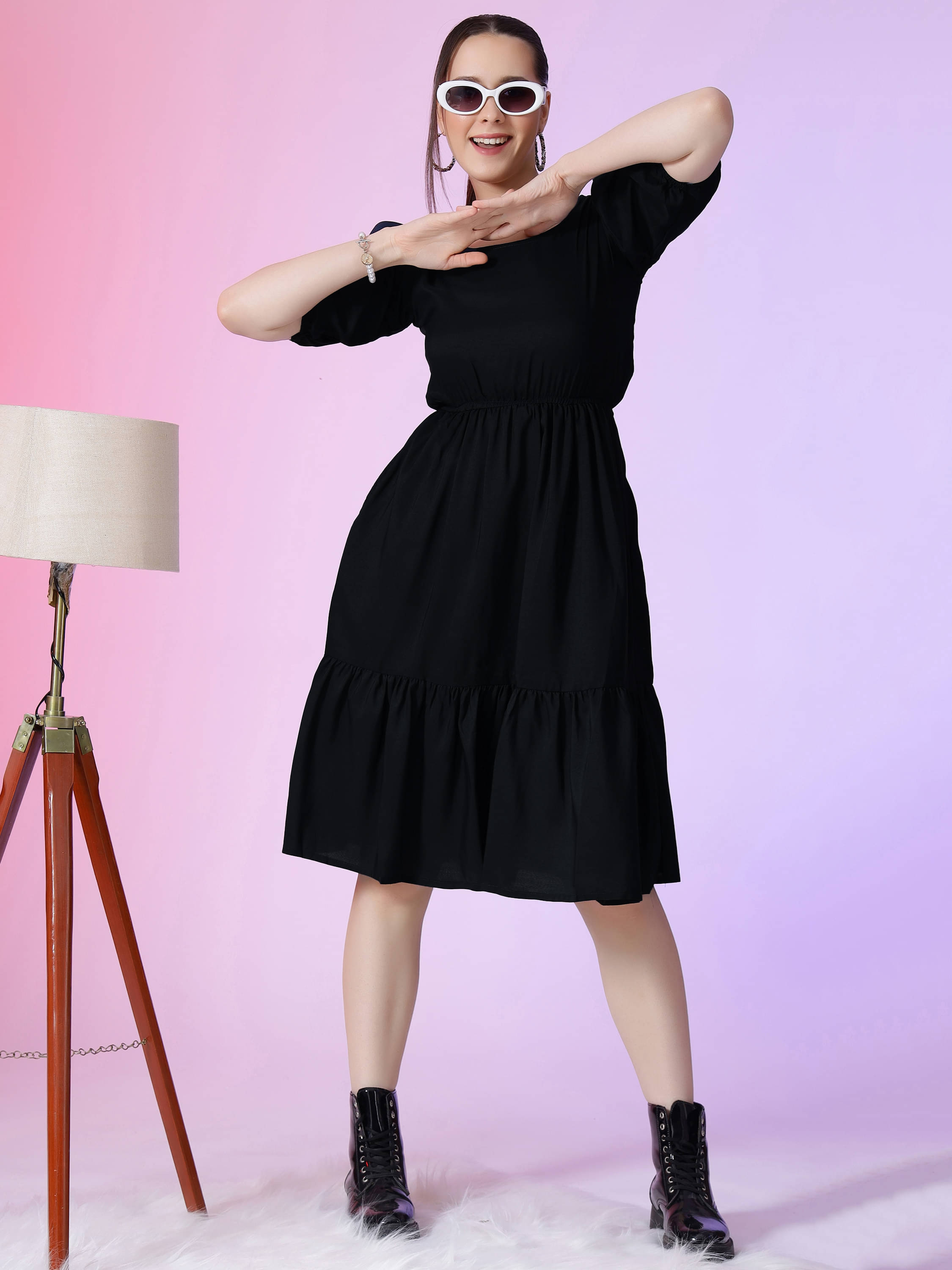     			JASH CREATION Women Polyester Solid Fit & Flare Dress ( Black )