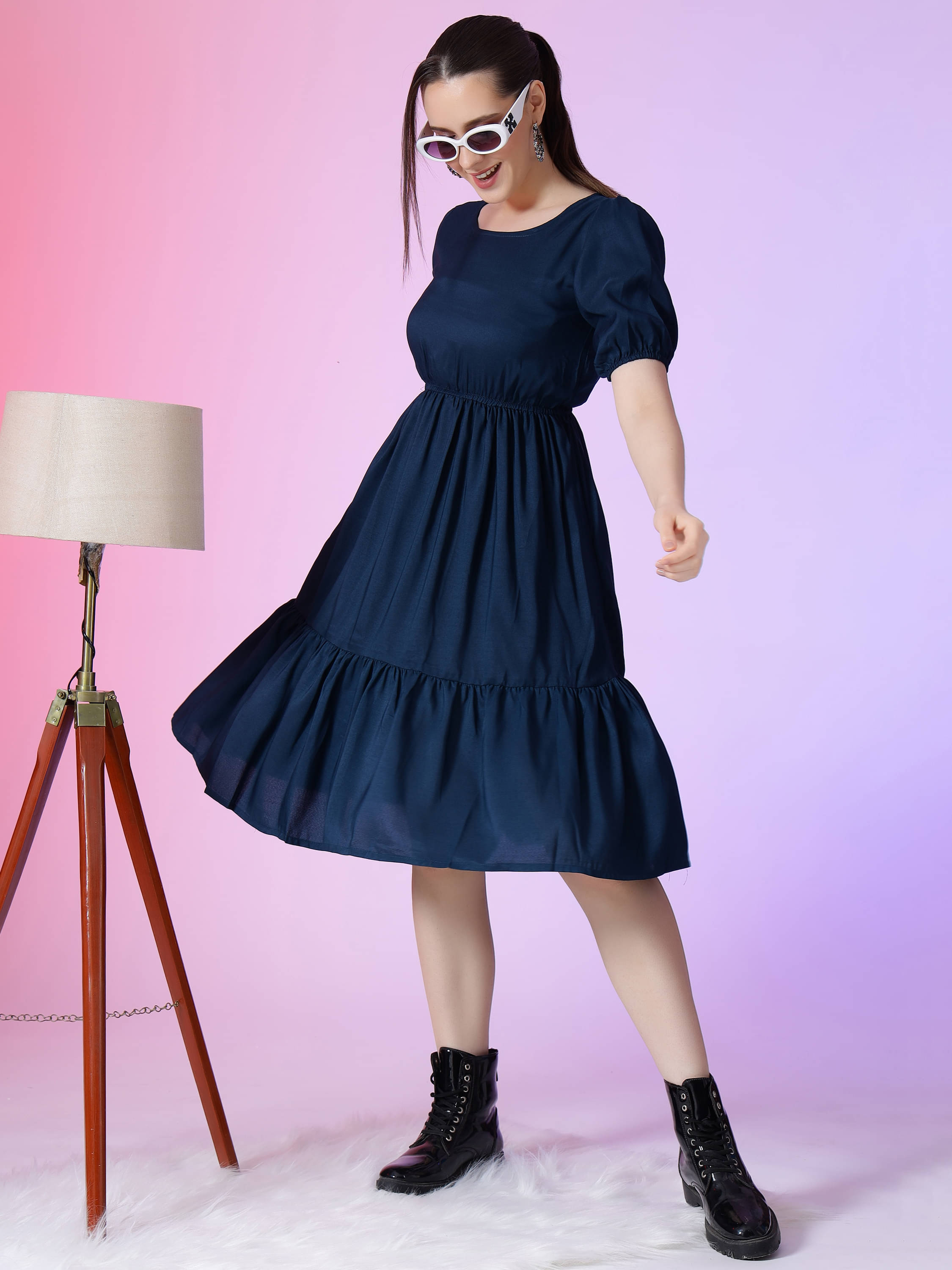 JASH CREATION Polyester Solid Knee Length Women's Fit & Flare Dress - Blue ( Pack of 1 ) JASH CREATION Polyester Solid Knee Length Women's Fit & Flare Dress - Blue ( Pack of 1 )