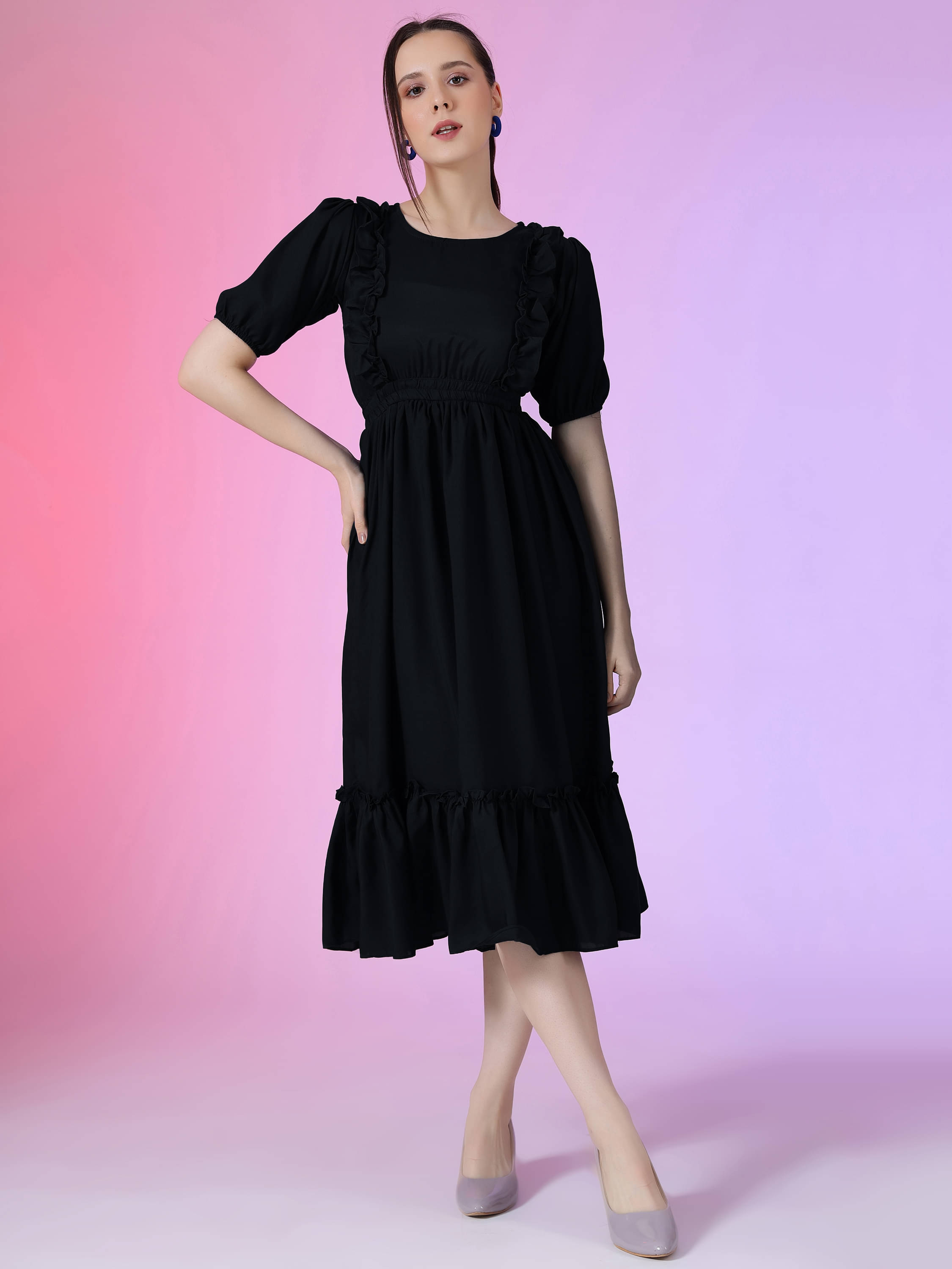     			JASH CREATION Women Polyester Solid Fit & Flare Dress ( Black )