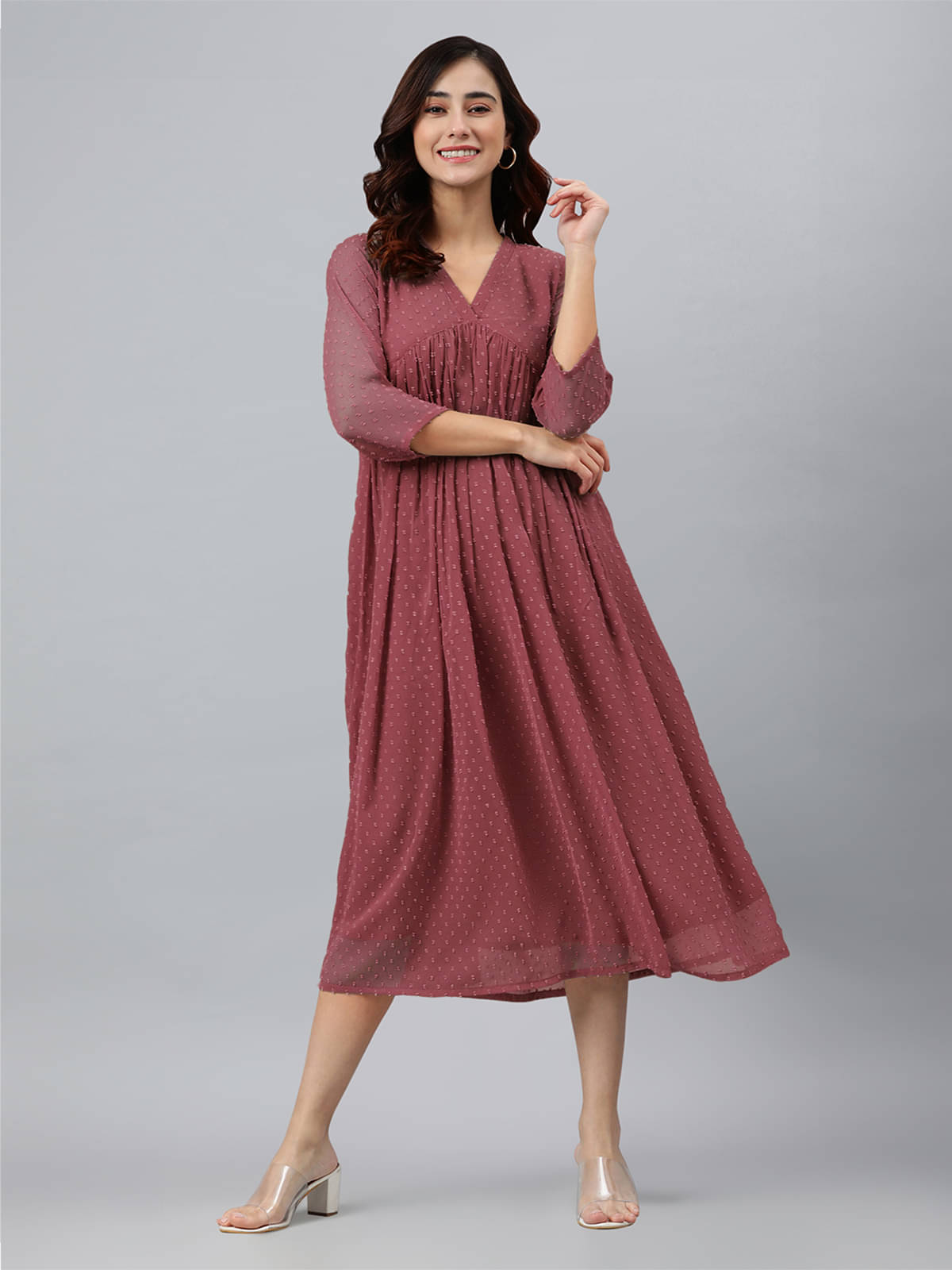Janasya Women Dobby Self Design Empire Dress ( Pink ) Janasya Women Dobby Self Design Empire Dress ( Pink )