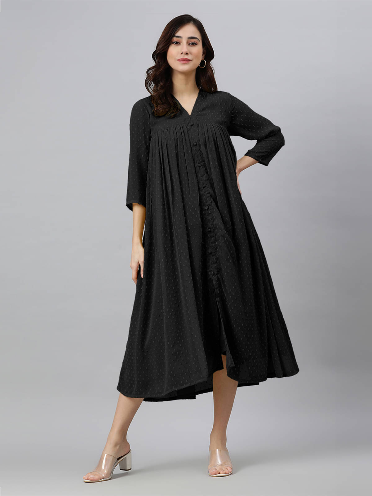     			Janasya Women Dobby Self Design Empire Dress ( Black )
