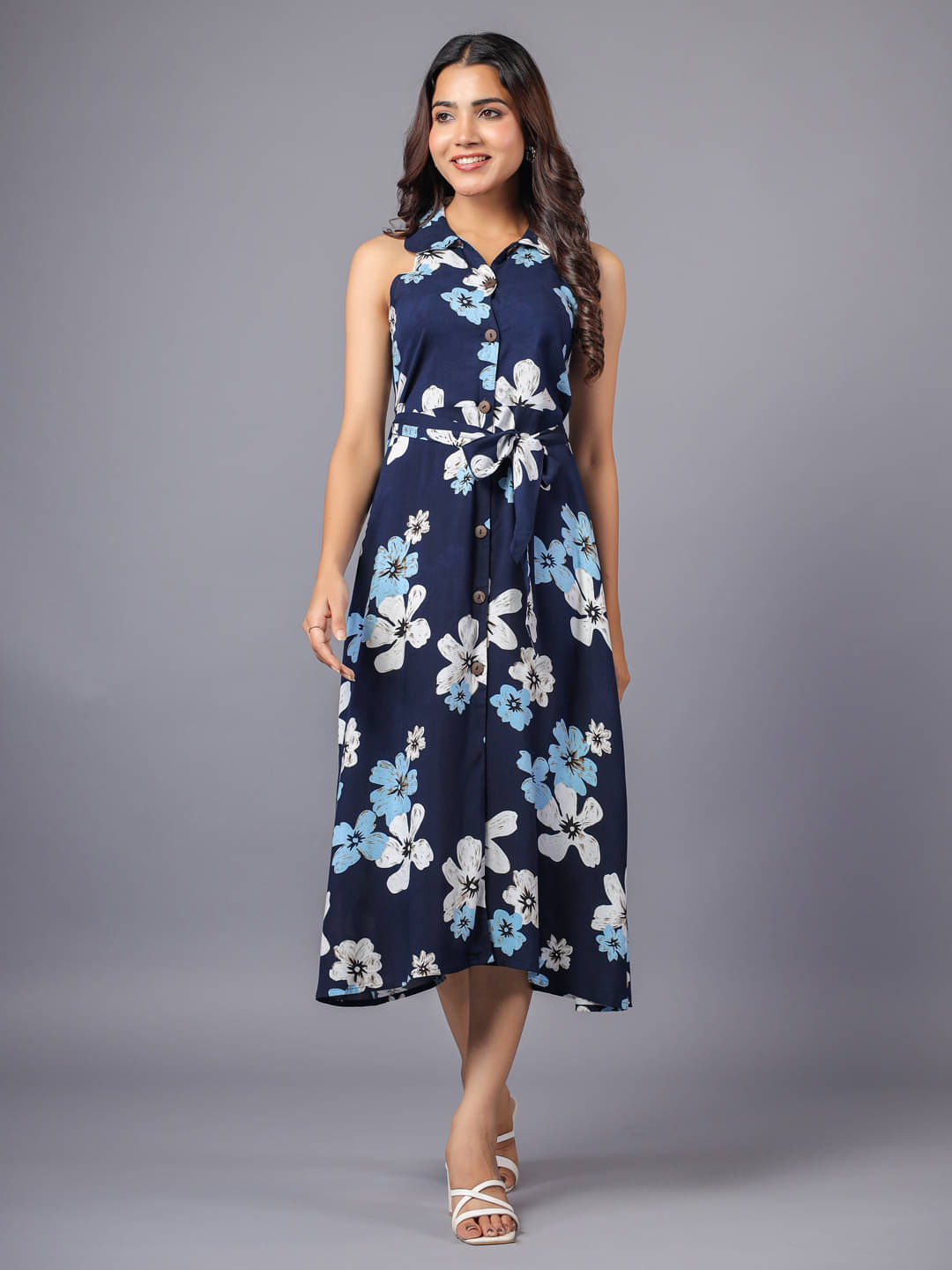 June 9 Clothing Women Cotton Printed A-line Dress ( Navy Blue ) June 9 Clothing Women Cotton Printed A-line Dress ( Navy Blue )