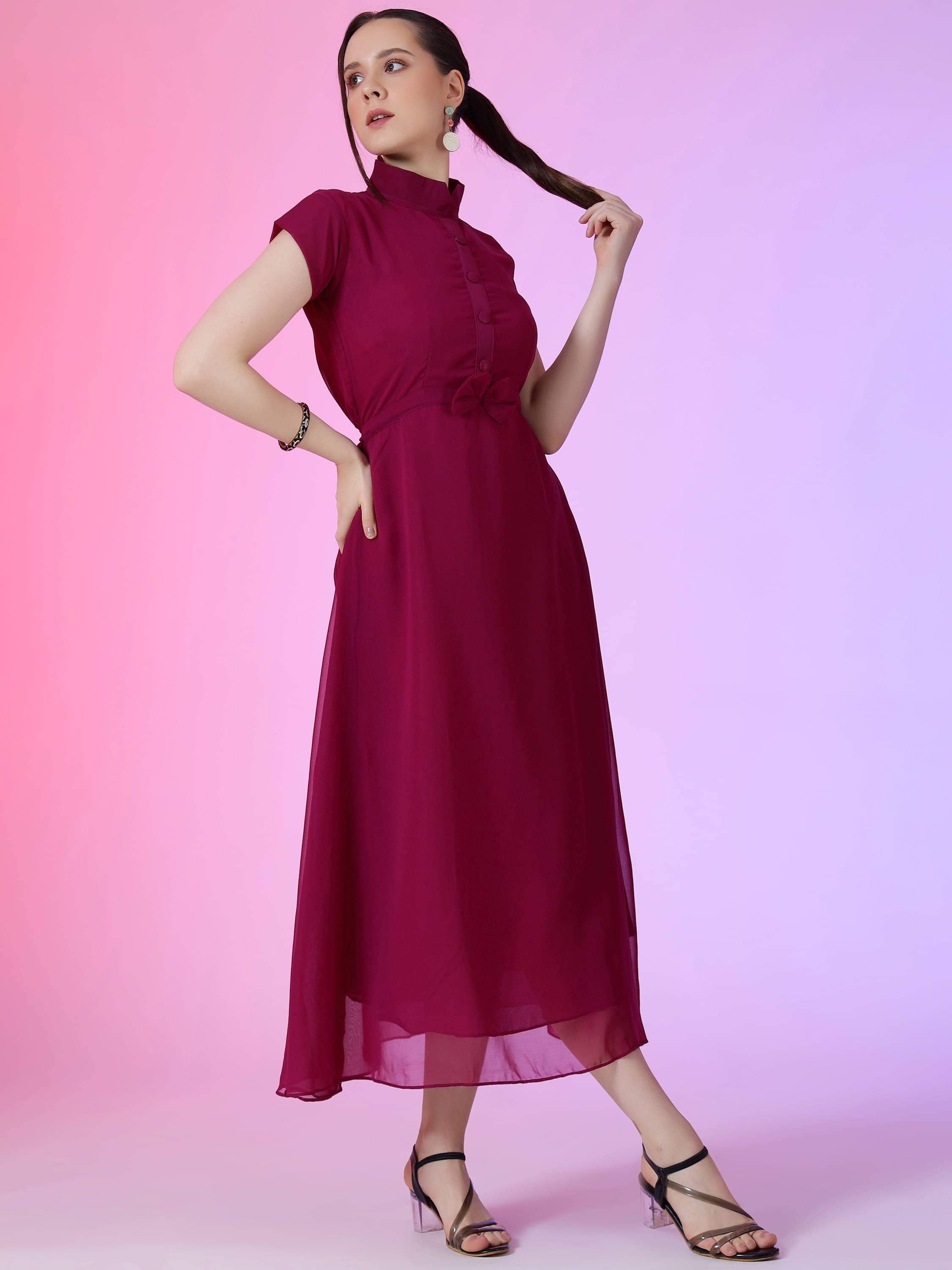 Krunal Raiyani Women Georgette Solid Fit & Flare Dress ( Wine )     			Krunal Raiyani Women Georgette Solid Fit & Flare Dress ( Wine )