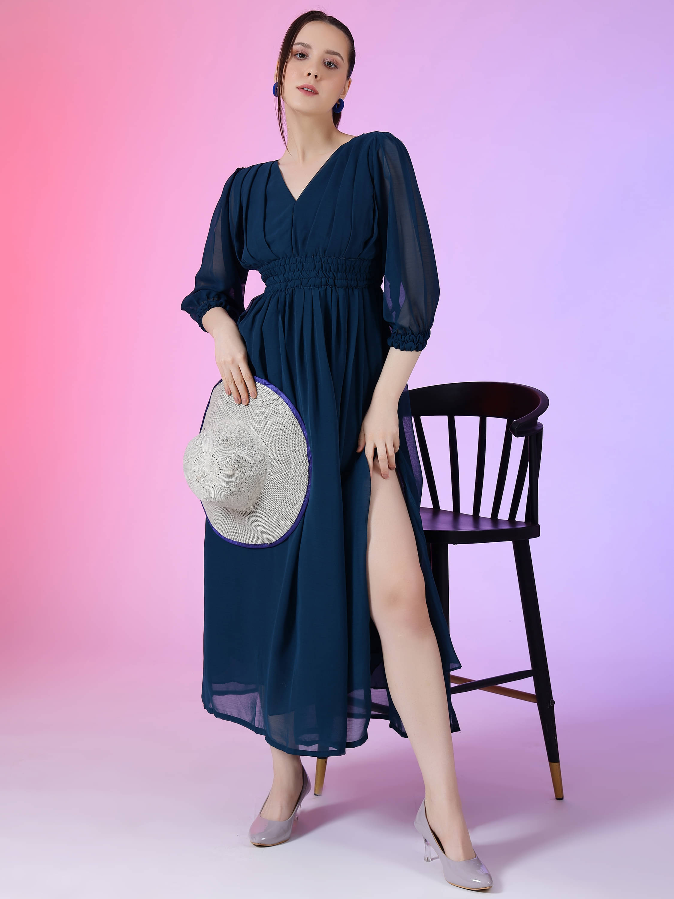 Krunal Raiyani Women Georgette Solid Side Slit Dress ( Blue ) Krunal Raiyani Women Georgette Solid Side Slit Dress ( Blue )