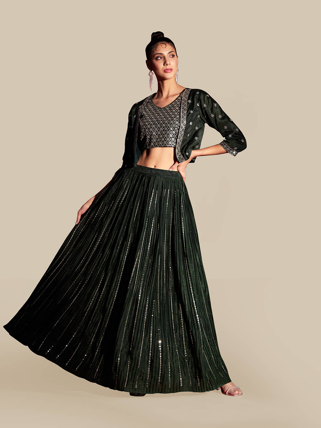 Madhuram Textiles Green Polyester Chaniya Choli Stitched Lehenga Single