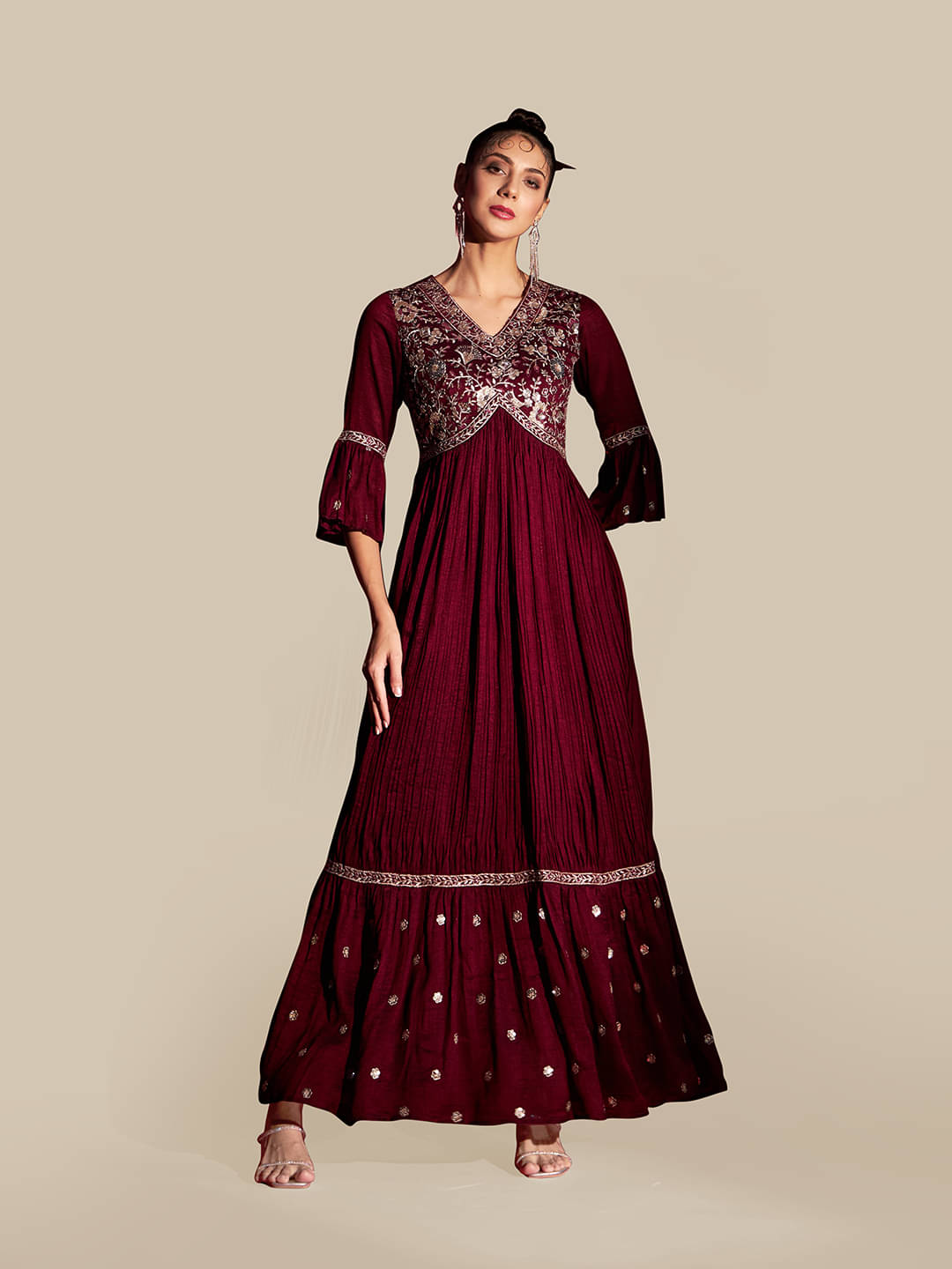 Madhuram Textiles Maroon Flared Silk Blend Women's Stitched Ethnic Gown ( Pack of 1 )     			Madhuram Textiles Maroon Flared Silk Blend Women's Stitched Ethnic Gown ( Pack of 1 )