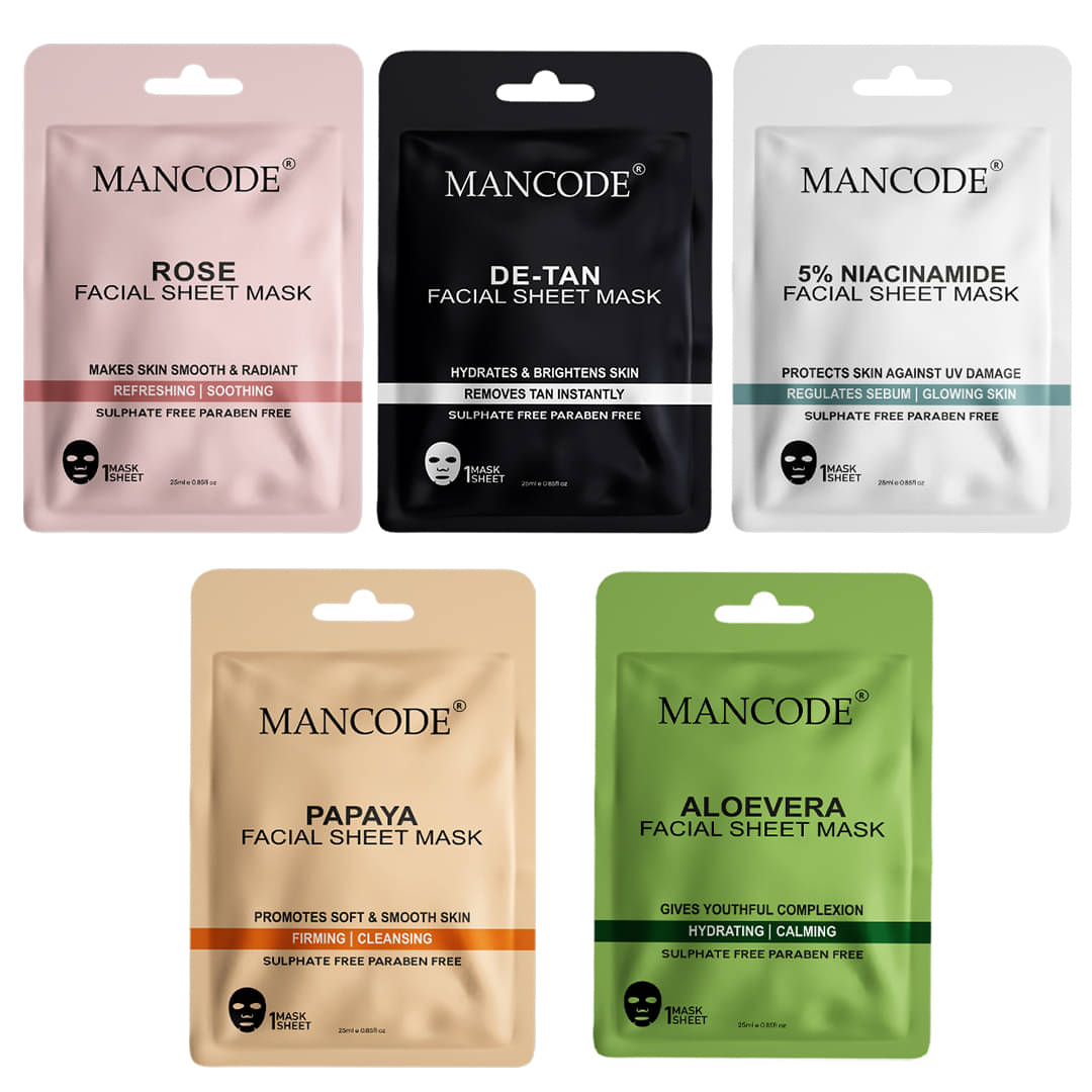 MANCODE Facial Sheet Mask Skin Lightening , Hydrating Skincare Treatment (125ml) Combo Pack of 5) MANCODE Facial Sheet Mask Skin Lightening , Hydrating Skincare Treatment (125ml) Combo Pack of 5)