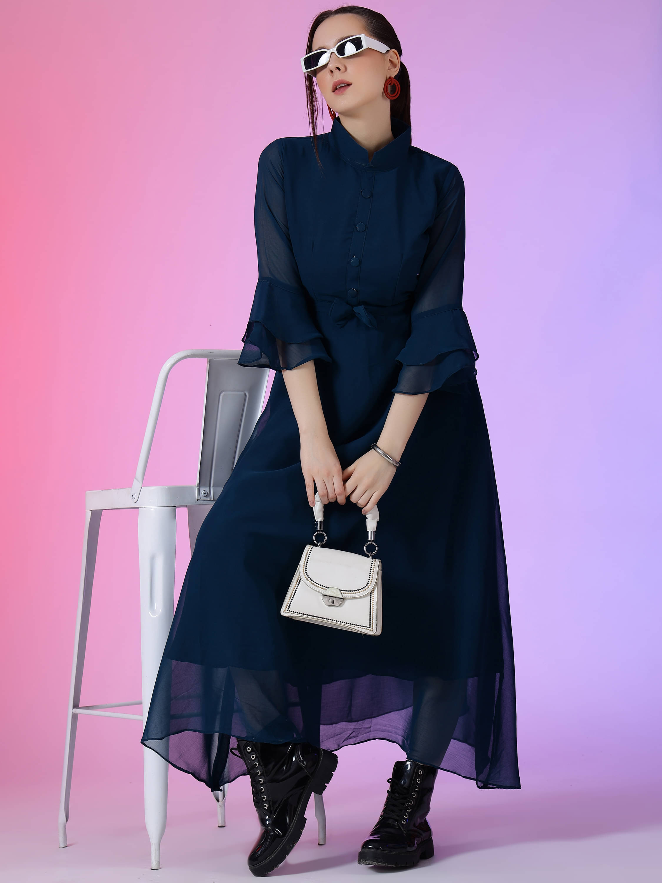 RAIYANI FASHION Women Georgette Solid Fit & Flare Dress ( Blue ) RAIYANI FASHION Women Georgette Solid Fit & Flare Dress ( Blue )