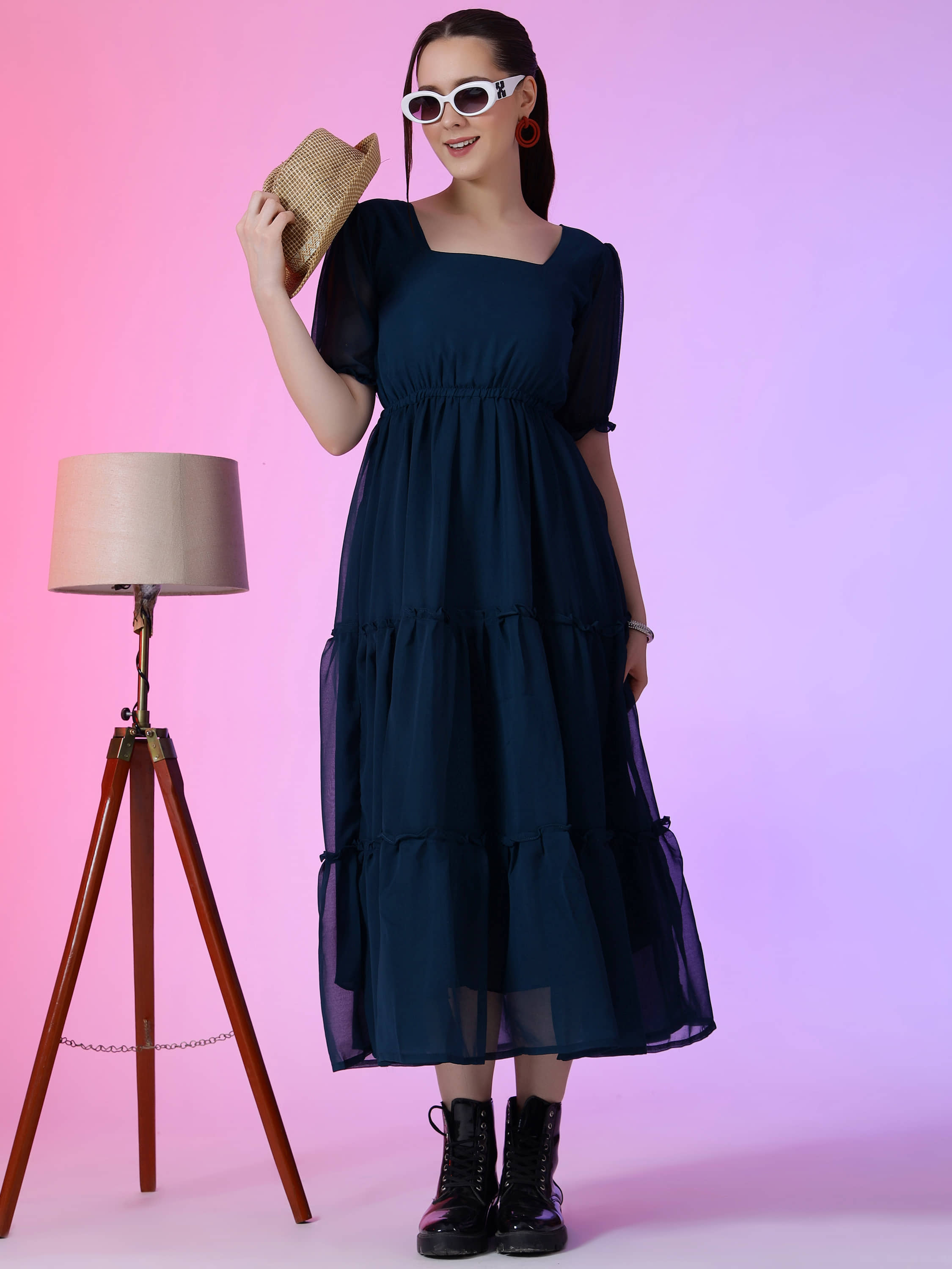 RAIYANI FASHION Women Georgette Solid Fit & Flare Dress ( Blue )