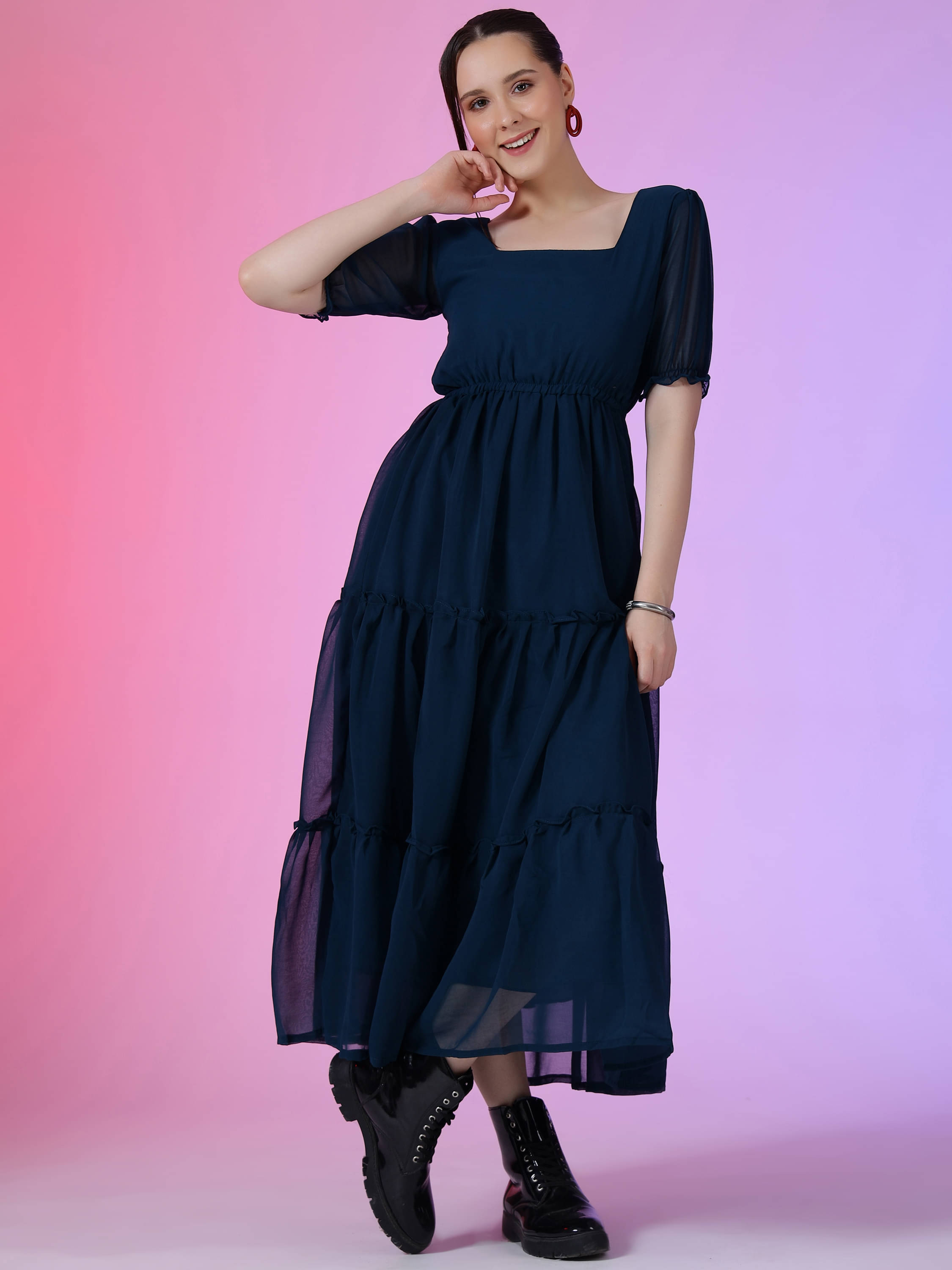 RAIYANI FASHION Women Georgette Solid Fit & Flare Dress ( Blue )     			RAIYANI FASHION Women Georgette Solid Fit & Flare Dress ( Blue )