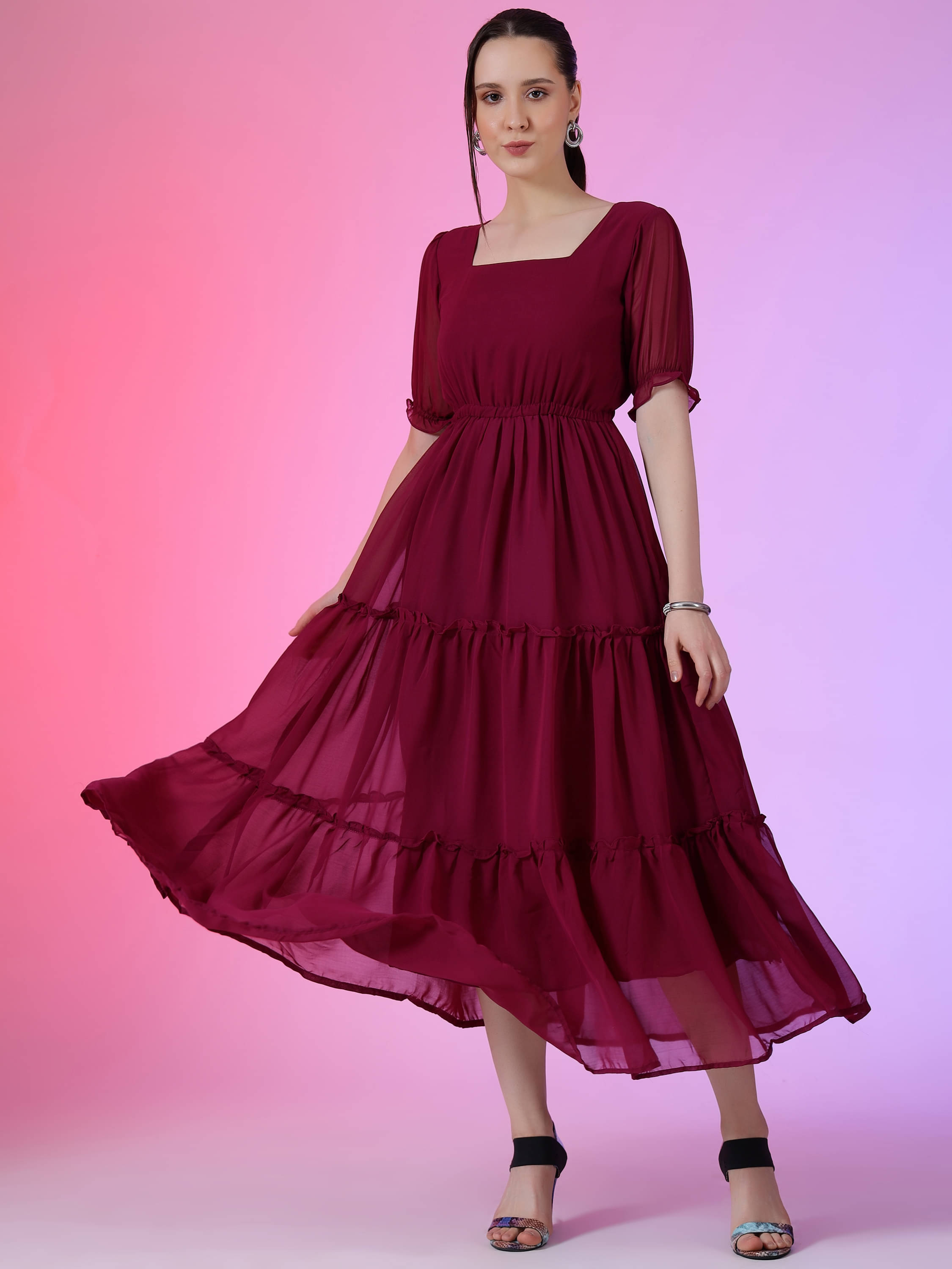 RAIYANI FASHION Women Georgette Solid Fit & Flare Dress ( Wine )     			RAIYANI FASHION Women Georgette Solid Fit & Flare Dress ( Wine )