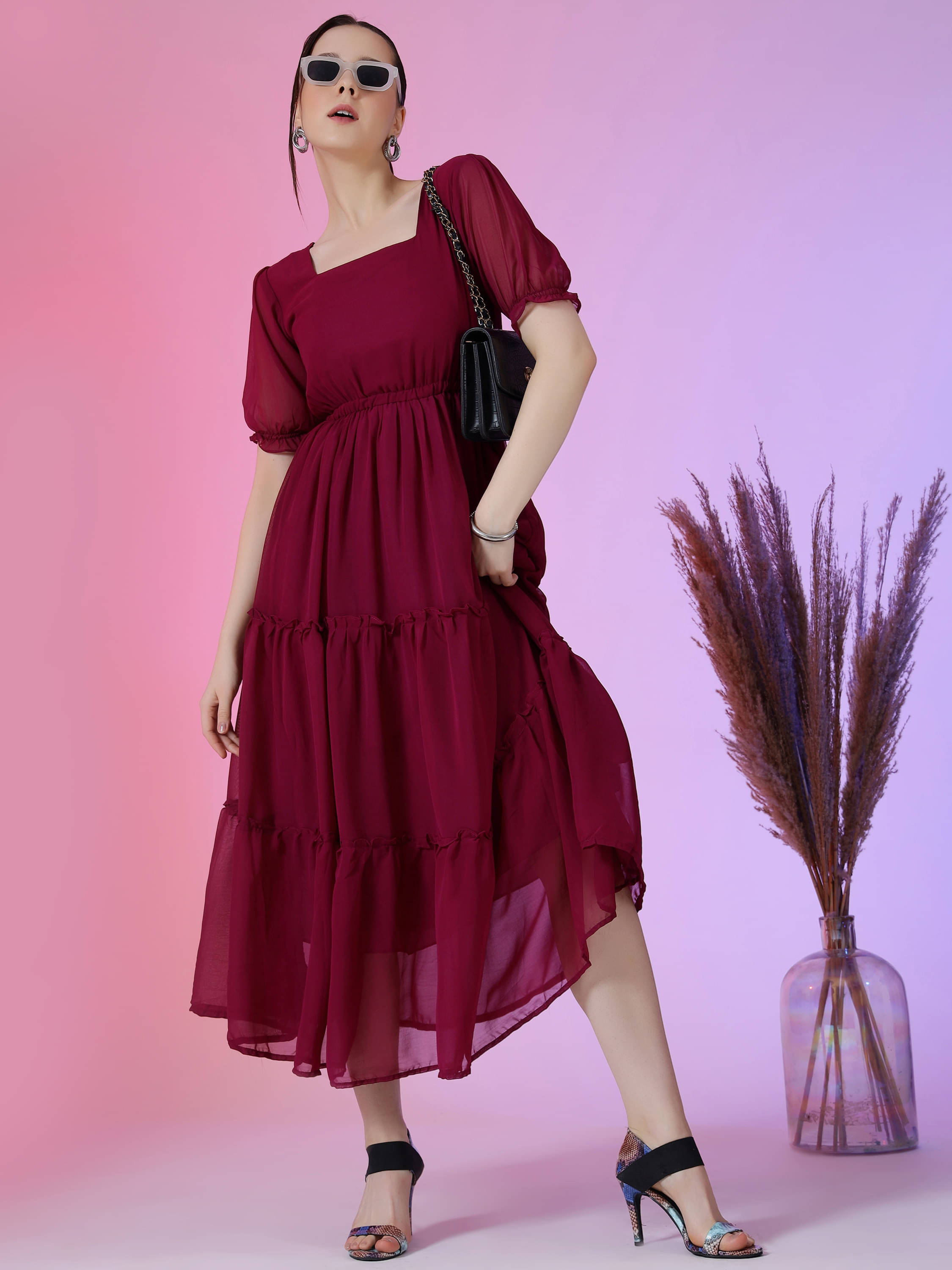 RAIYANI FASHION Women Georgette Solid Fit & Flare Dress ( Wine ) RAIYANI FASHION Women Georgette Solid Fit & Flare Dress ( Wine )