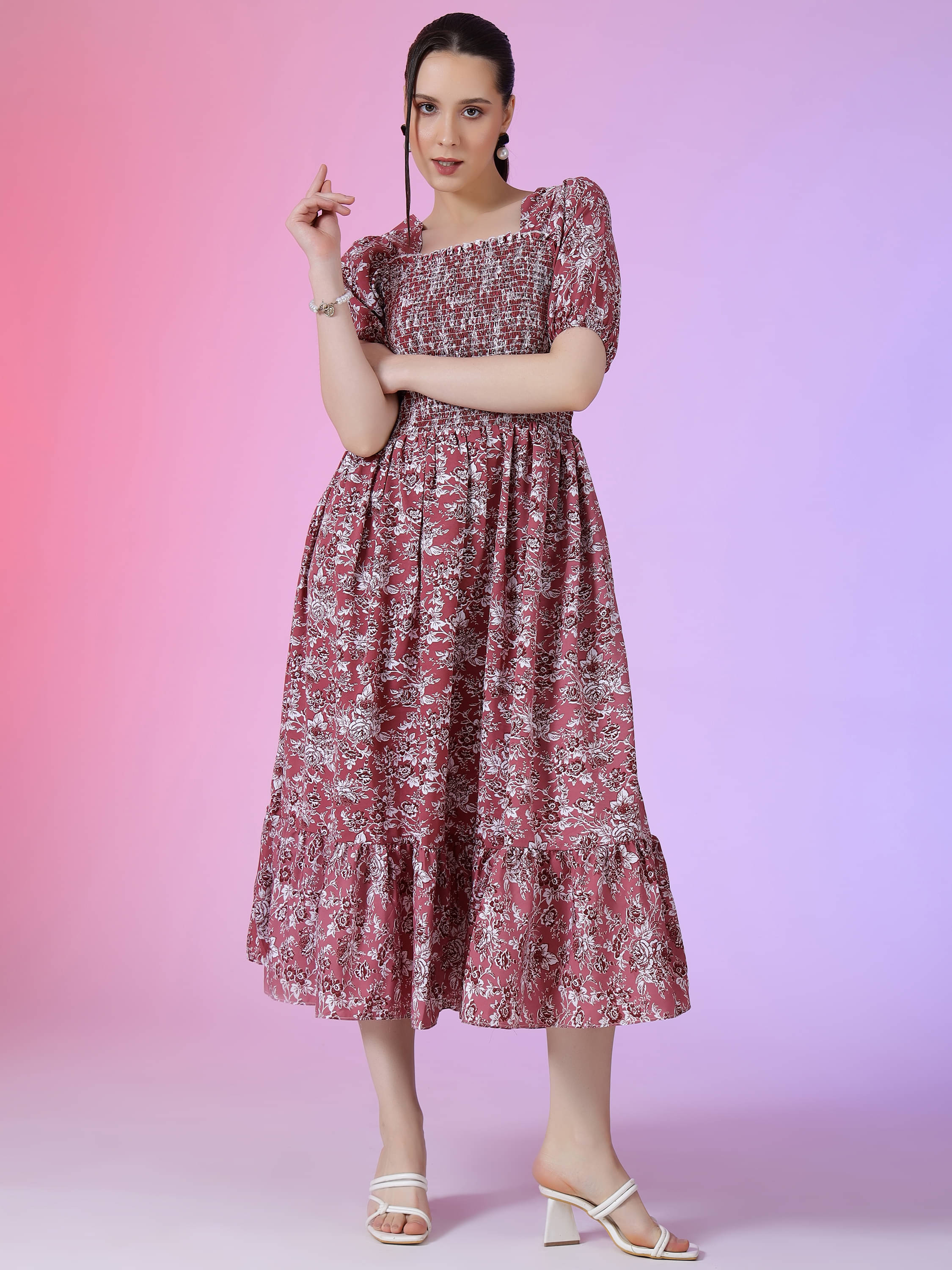 RAIYANI FASHION Women Polyester Printed Fit & Flare Dress ( Pink )     			RAIYANI FASHION Women Polyester Printed Fit & Flare Dress ( Pink )