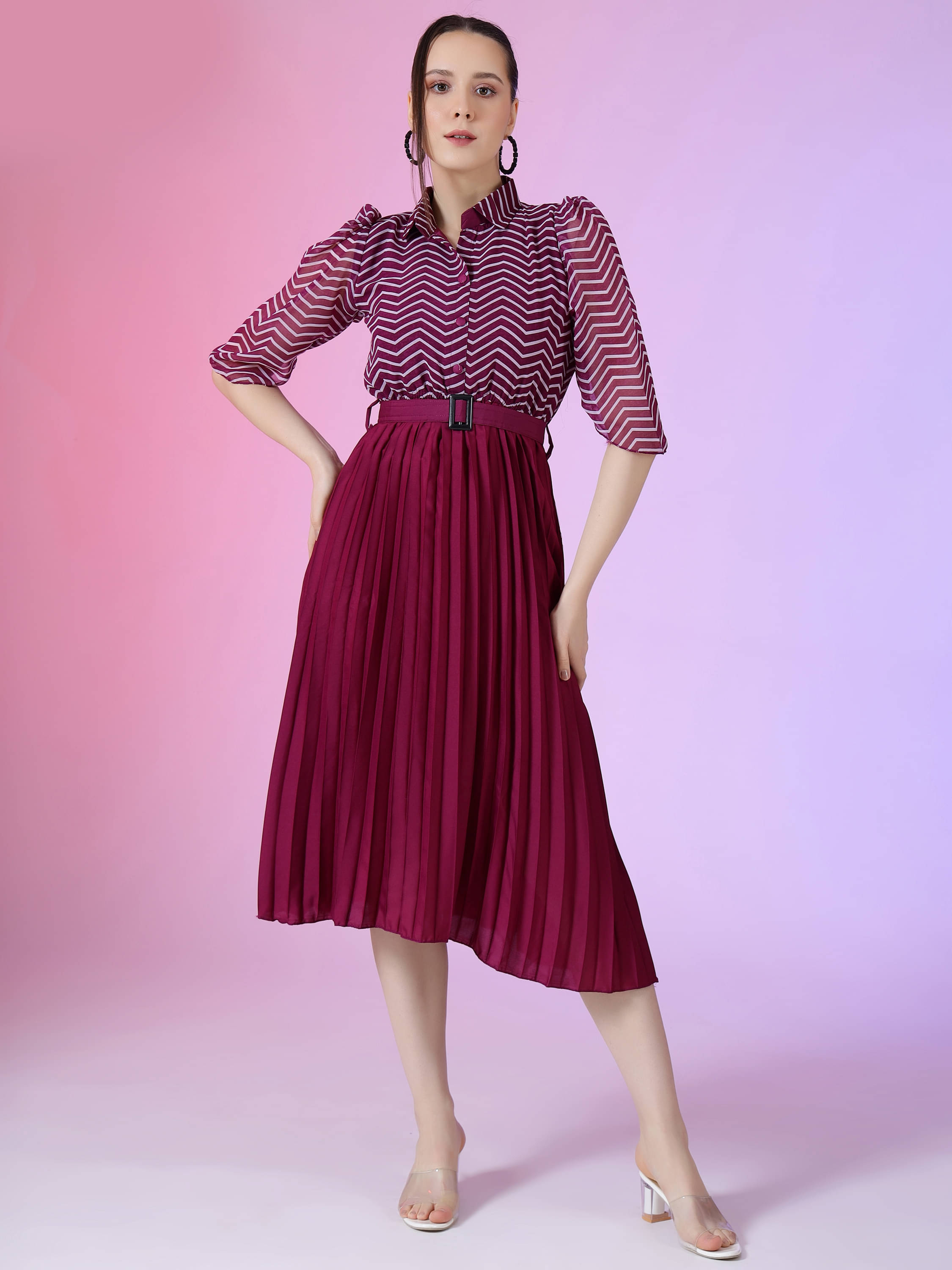     			RAIYANI FASHION Polyester Printed Midi Women's Fit & Flare Dress - Wine ( Pack of 1 )