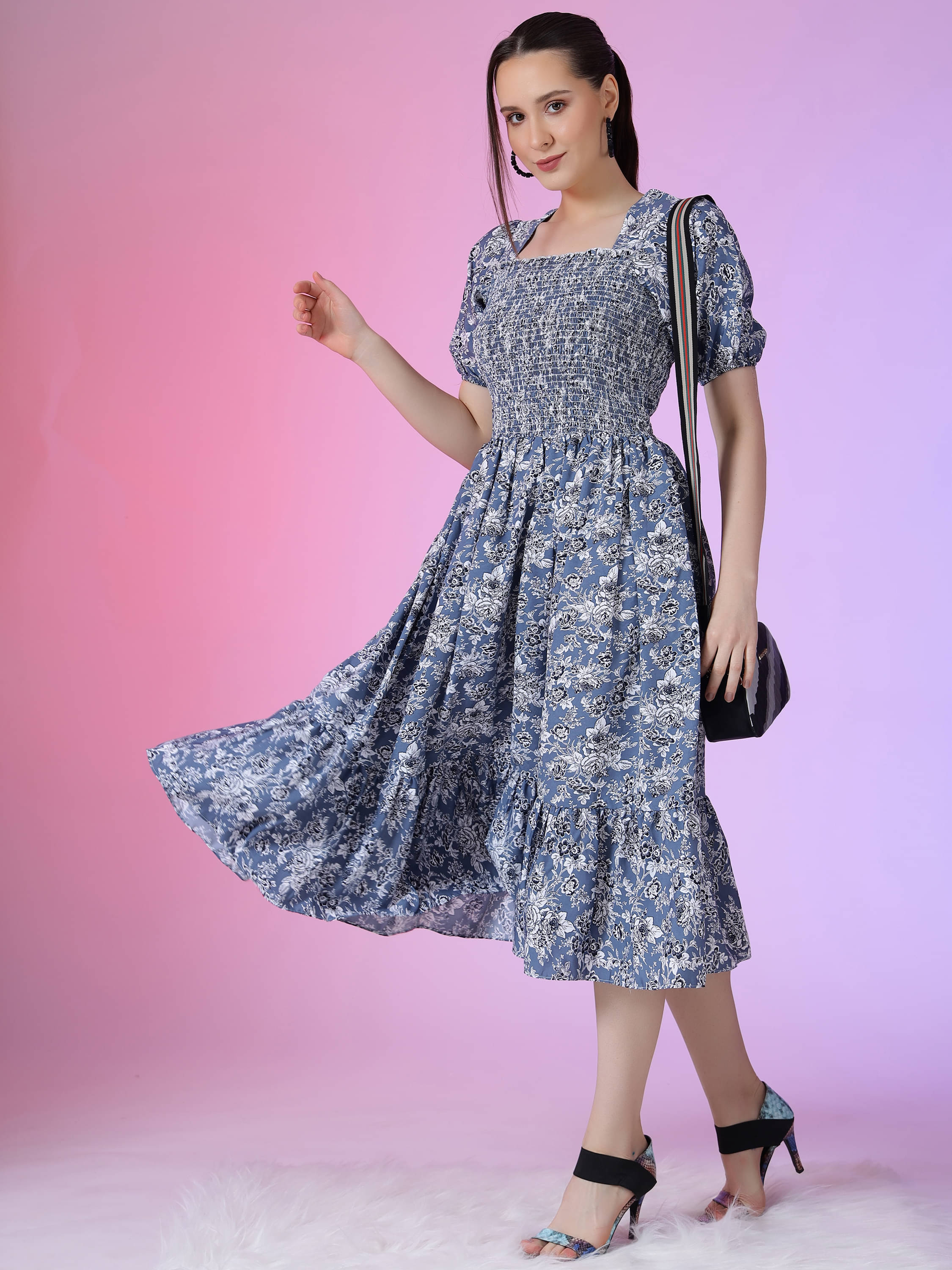 RAIYANI FASHION Women Polyester Printed Fit & Flare Dress ( Blue ) RAIYANI FASHION Women Polyester Printed Fit & Flare Dress ( Blue )