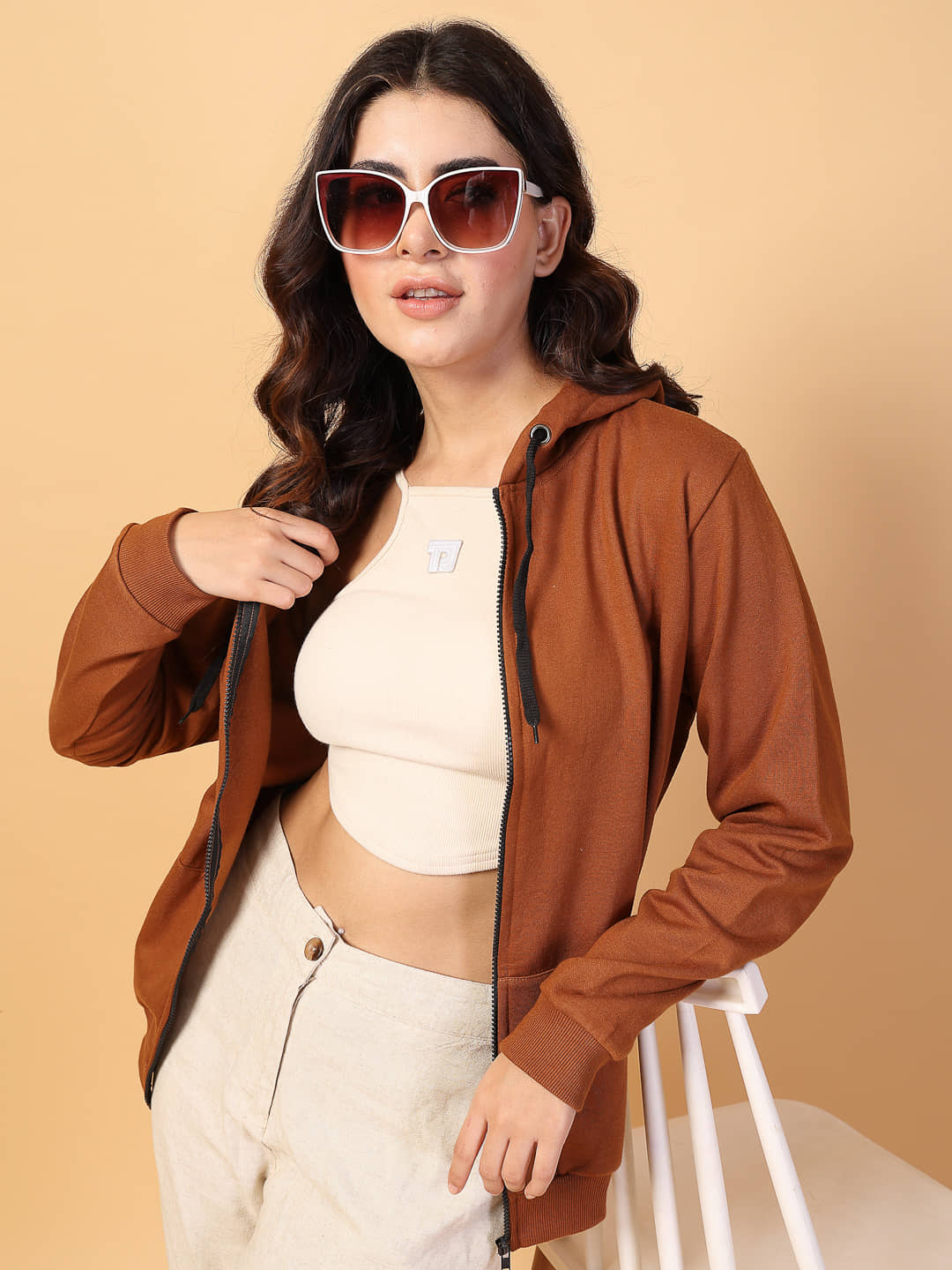 Rigo Women Fleece Hooded Sweatshirt For ( Brown )