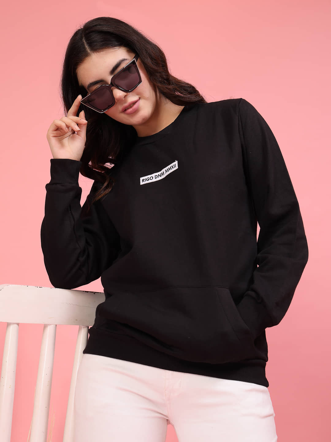 Rigo Women Fleece Round Neck Sweatshirt For ( Black )
