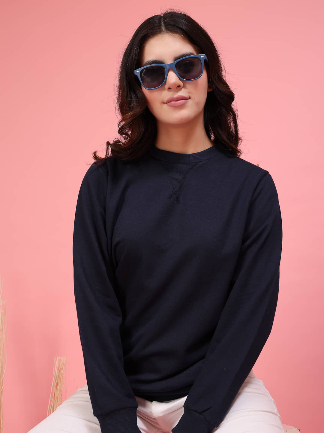 Rigo Women Fleece Round Neck Sweatshirt For ( Navy Blue )