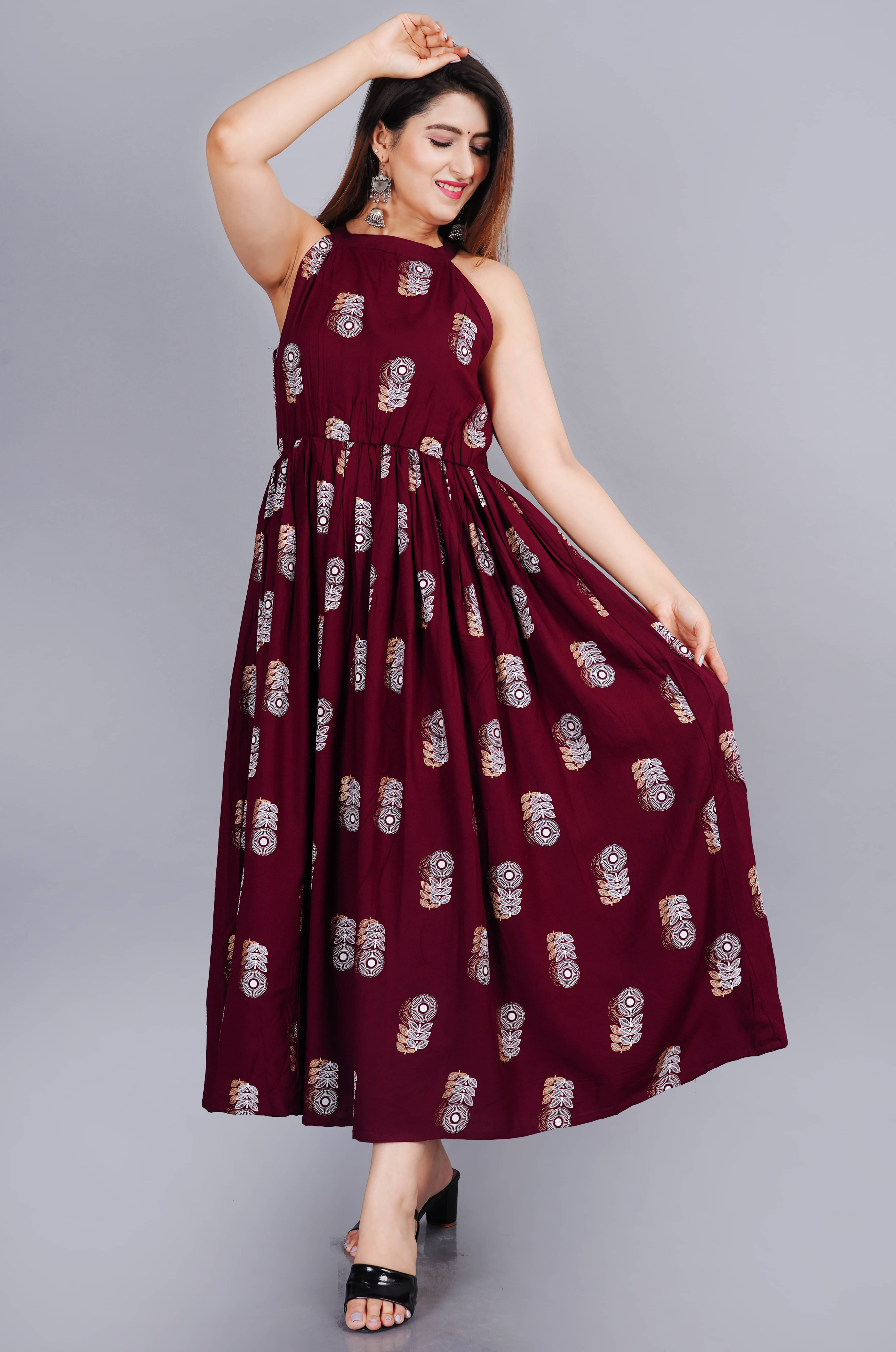     			Smien Rayon Printed Full Length Women's Skater Dress - Maroon ( Pack of 1 )