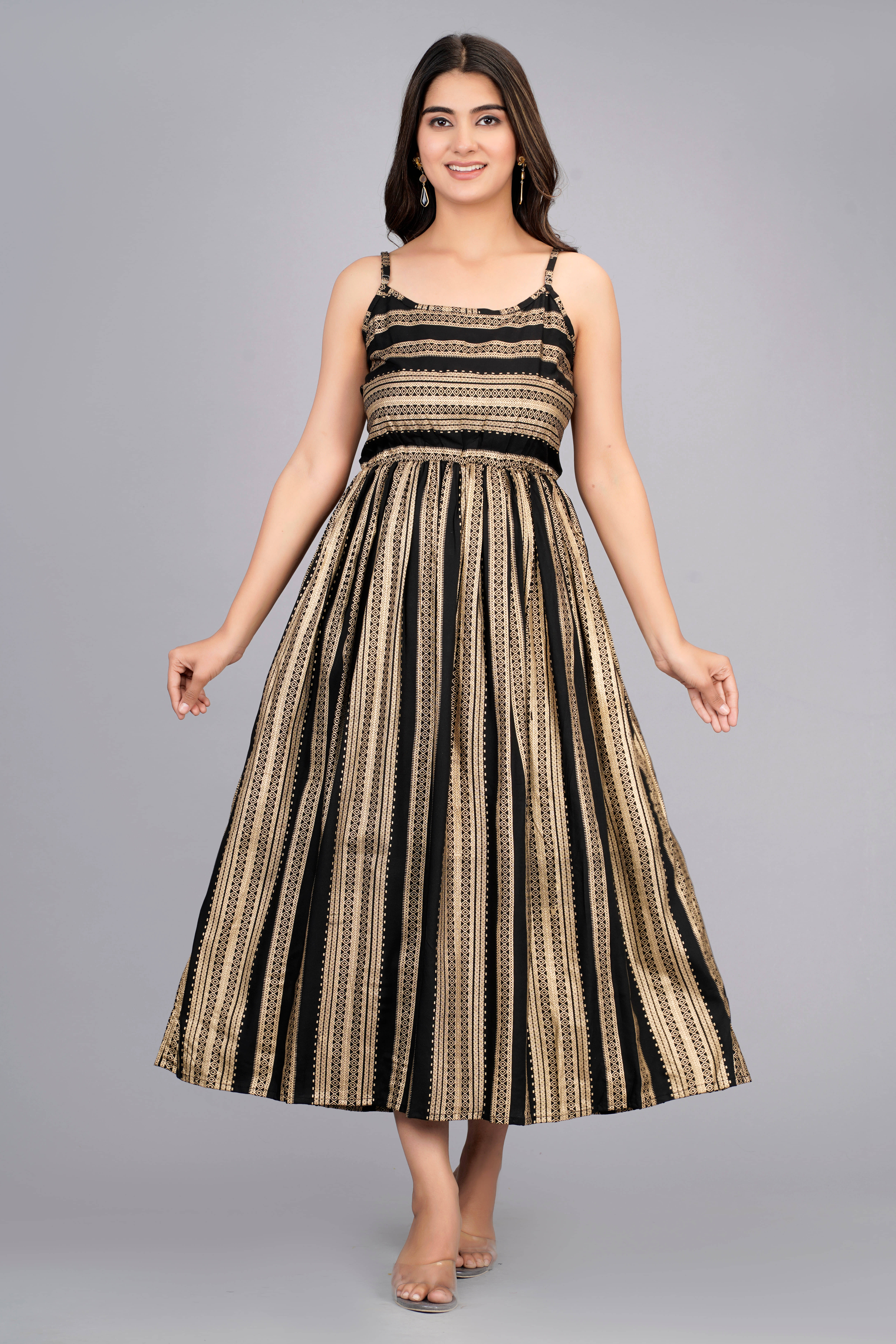 Smien Rayon Printed Full Length Women's Skater Dress - Black ( Pack of 1 ) Smien Rayon Printed Full Length Women's Skater Dress - Black ( Pack of 1 )