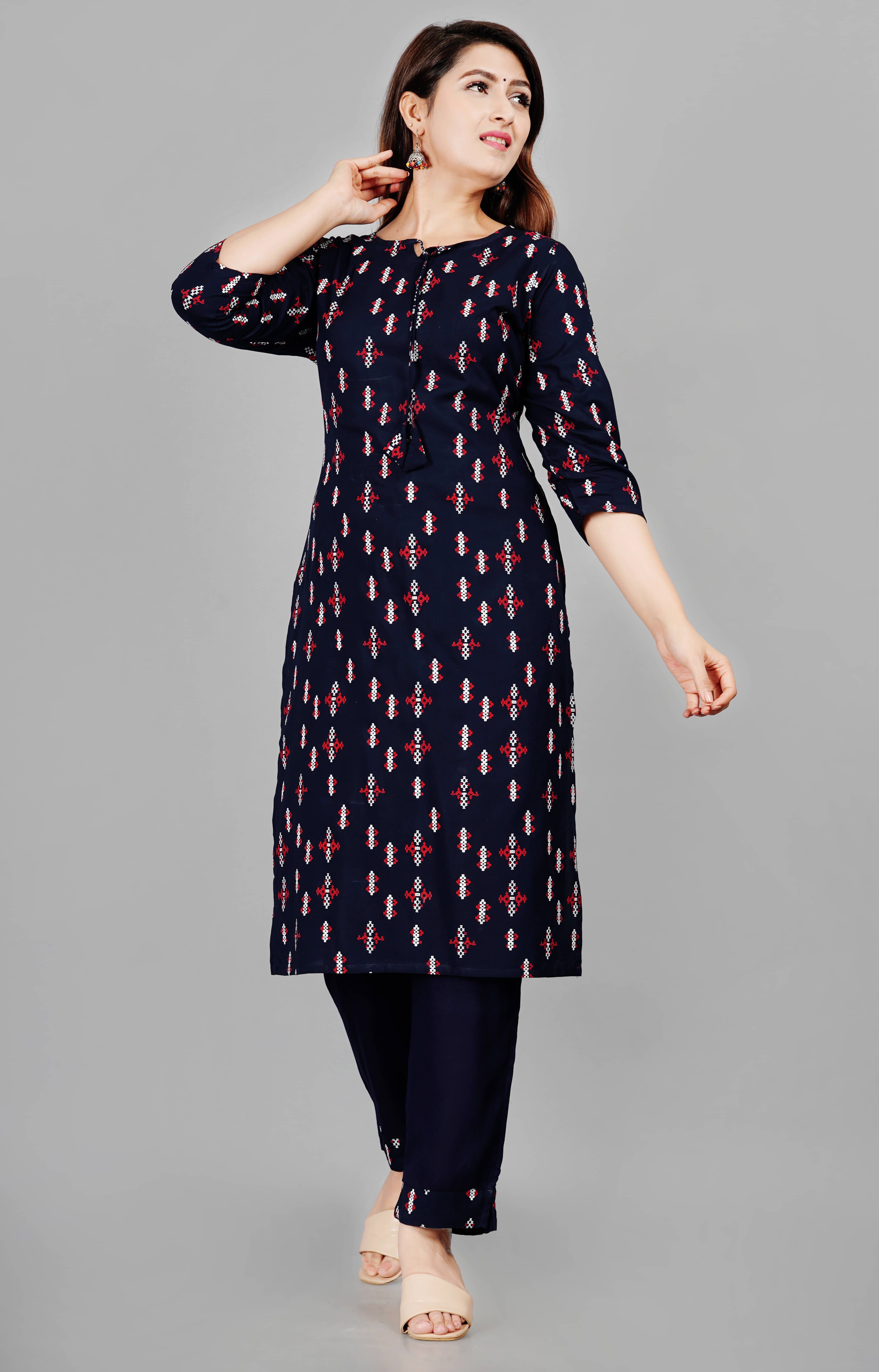 Smien Rayon Self Design Kurti With Pants Women's Stitched Salwar Suit - Navy ( Pack of 1 )