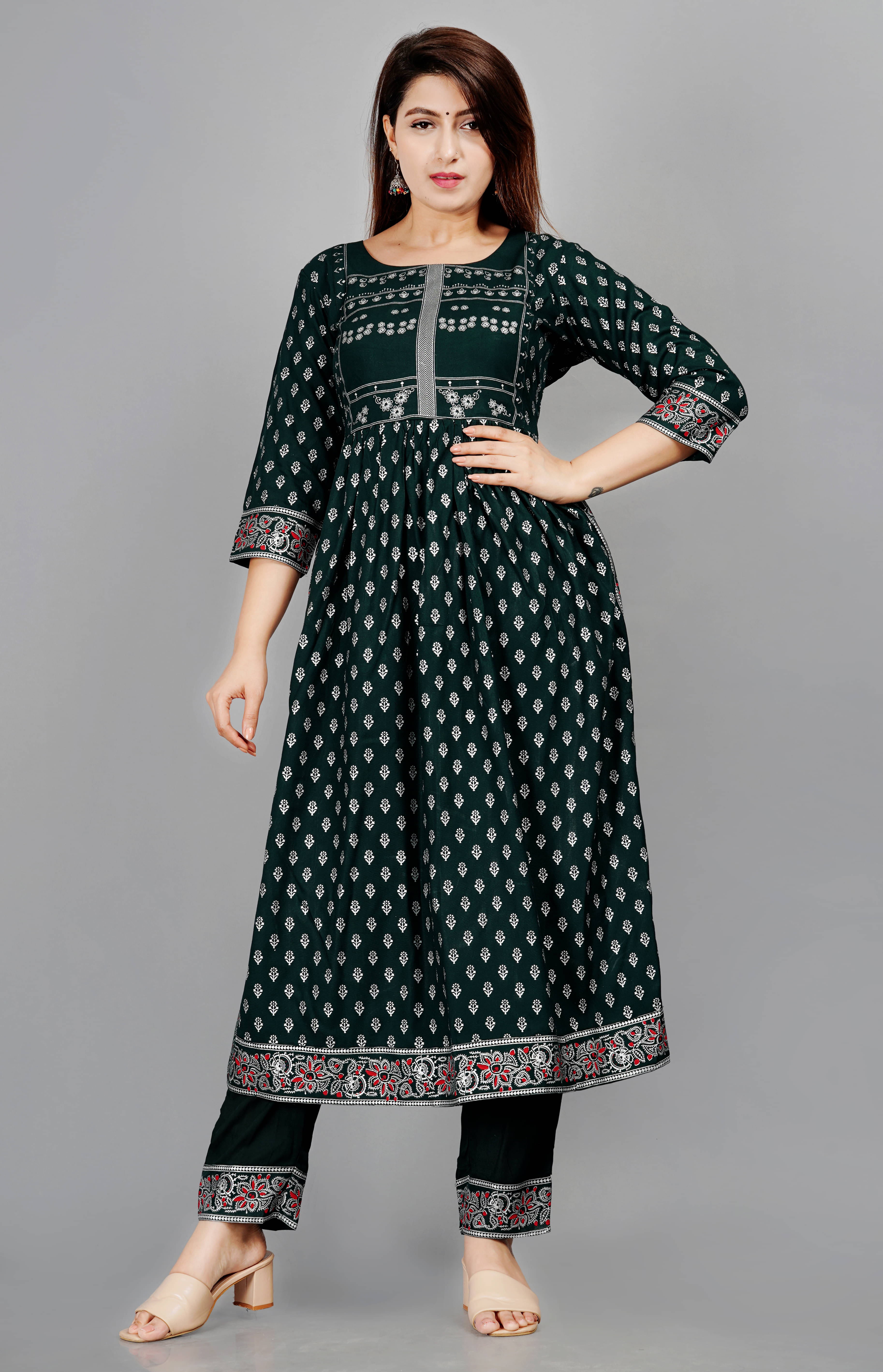     			Smien Rayon Self Design Kurti With Pants Women's Stitched Salwar Suit - Green ( Pack of 1 )