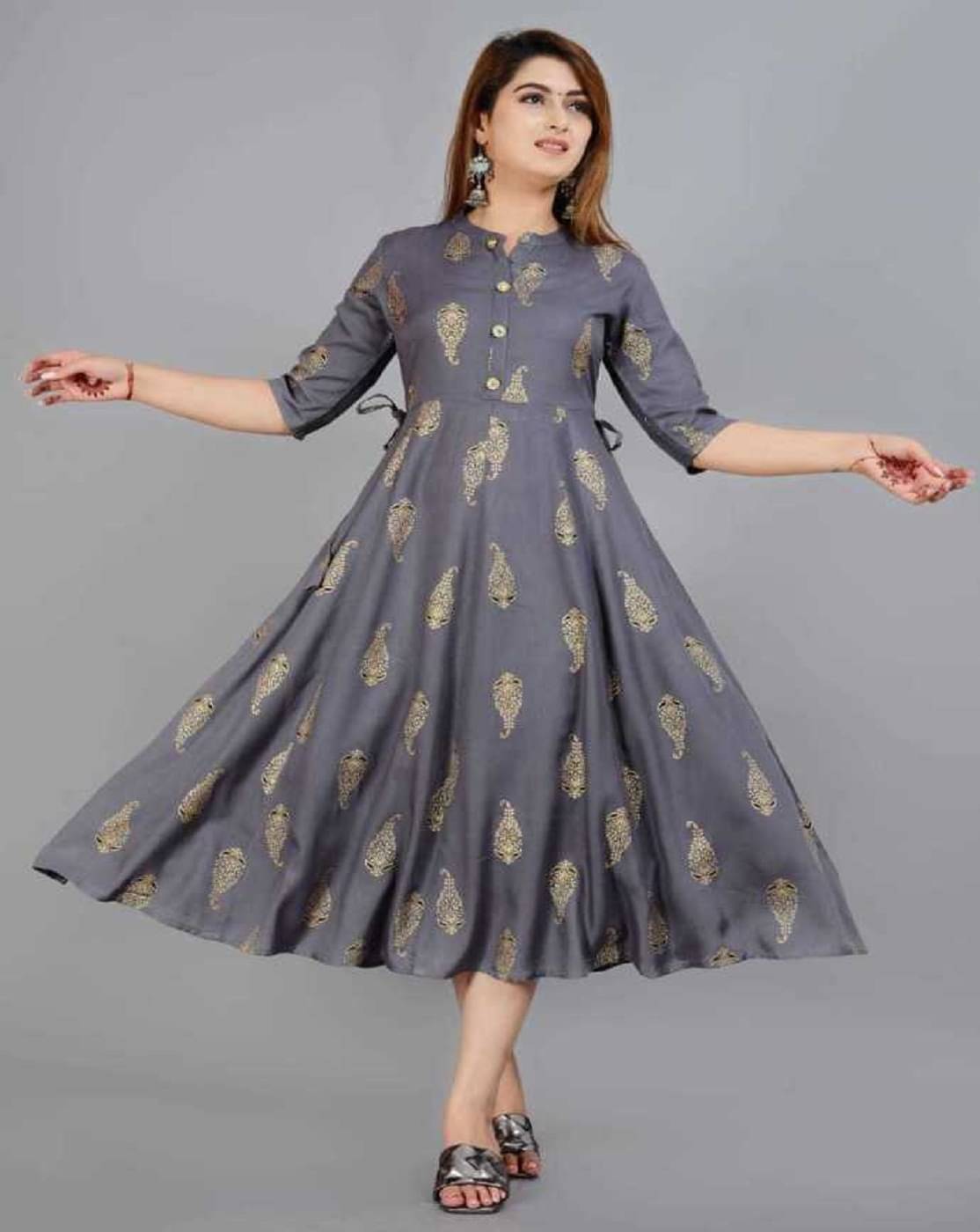 Smien Viscose Printed Anarkali Women's Kurti - Grey ( Pack of 1 ) Smien Viscose Printed Anarkali Women's Kurti - Grey ( Pack of 1 )