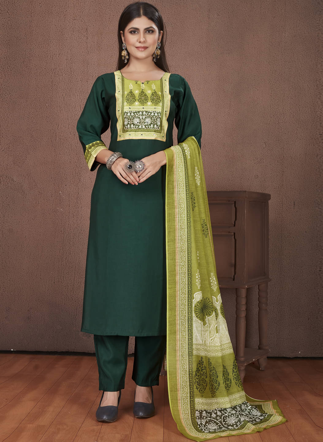     			Style Samsara Silk Printed Kurti With Pants Women's Stitched Salwar Suit - Green ( Pack of 1 )