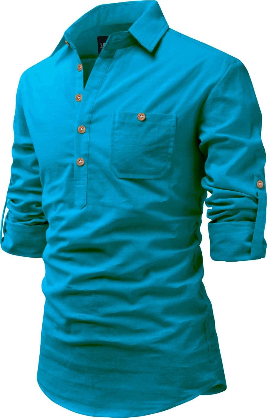    			UNI VIBE Turquoise Cotton Blend Men's Shirt Style Kurta ( Pack of 1 )