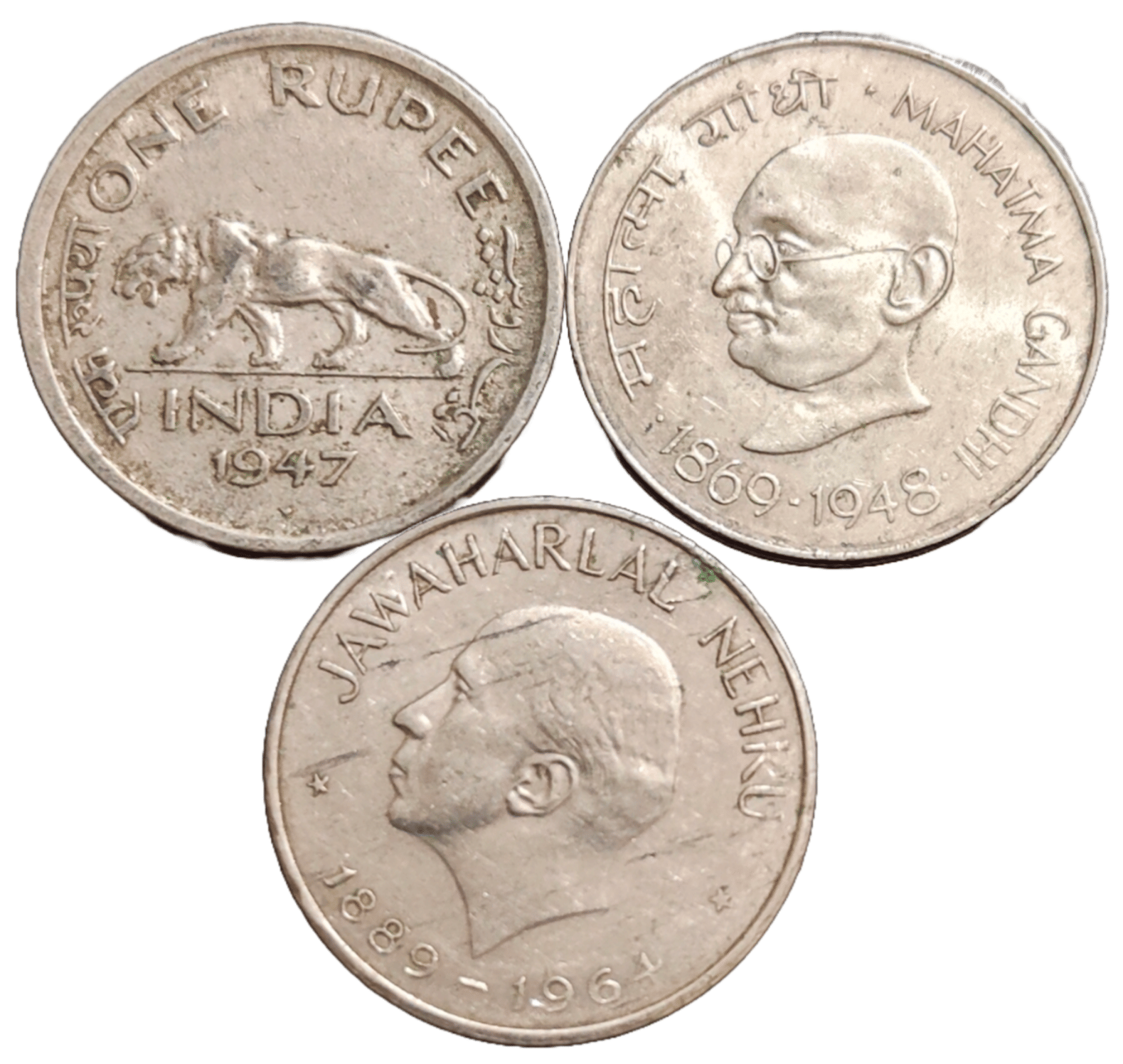     			Very Rare 1 Rupee 1947 Gandhi and Nehru 3 Coins