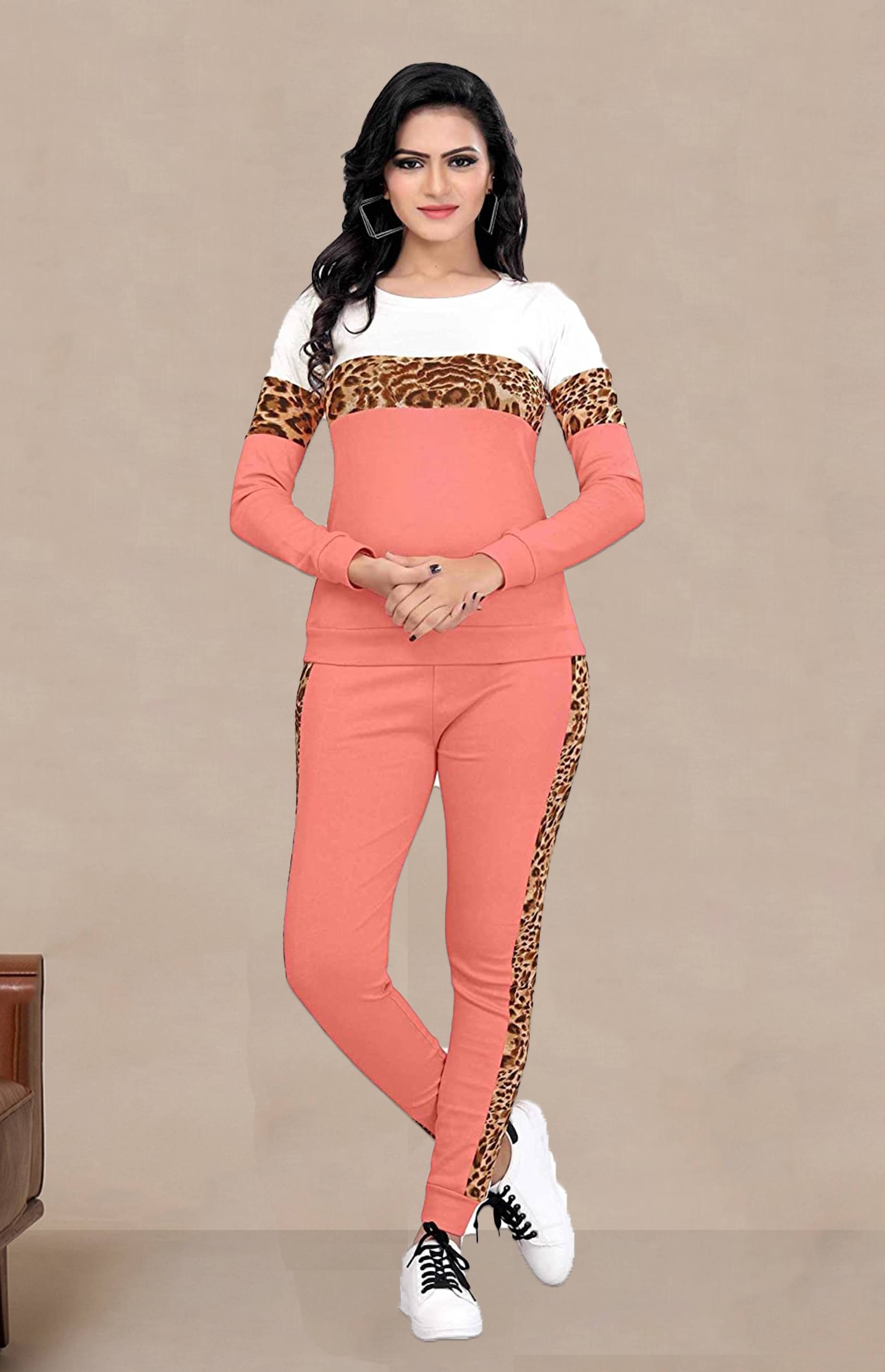     			DTR FASHION Peach Cotton Blend Printed Tracksuit - Pack of 1