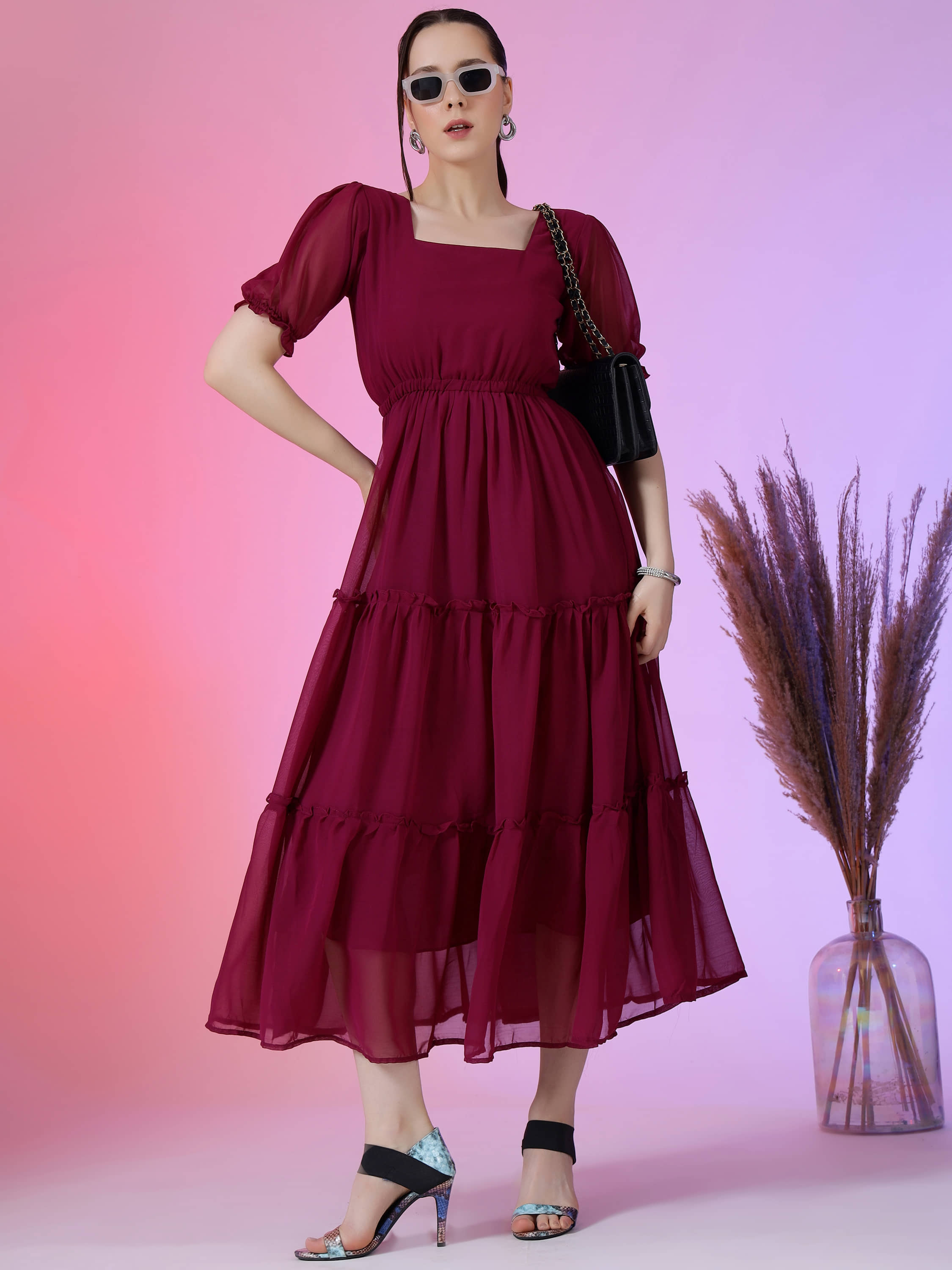 Femvy Women Georgette Solid Fit & Flare Dress ( Purple )