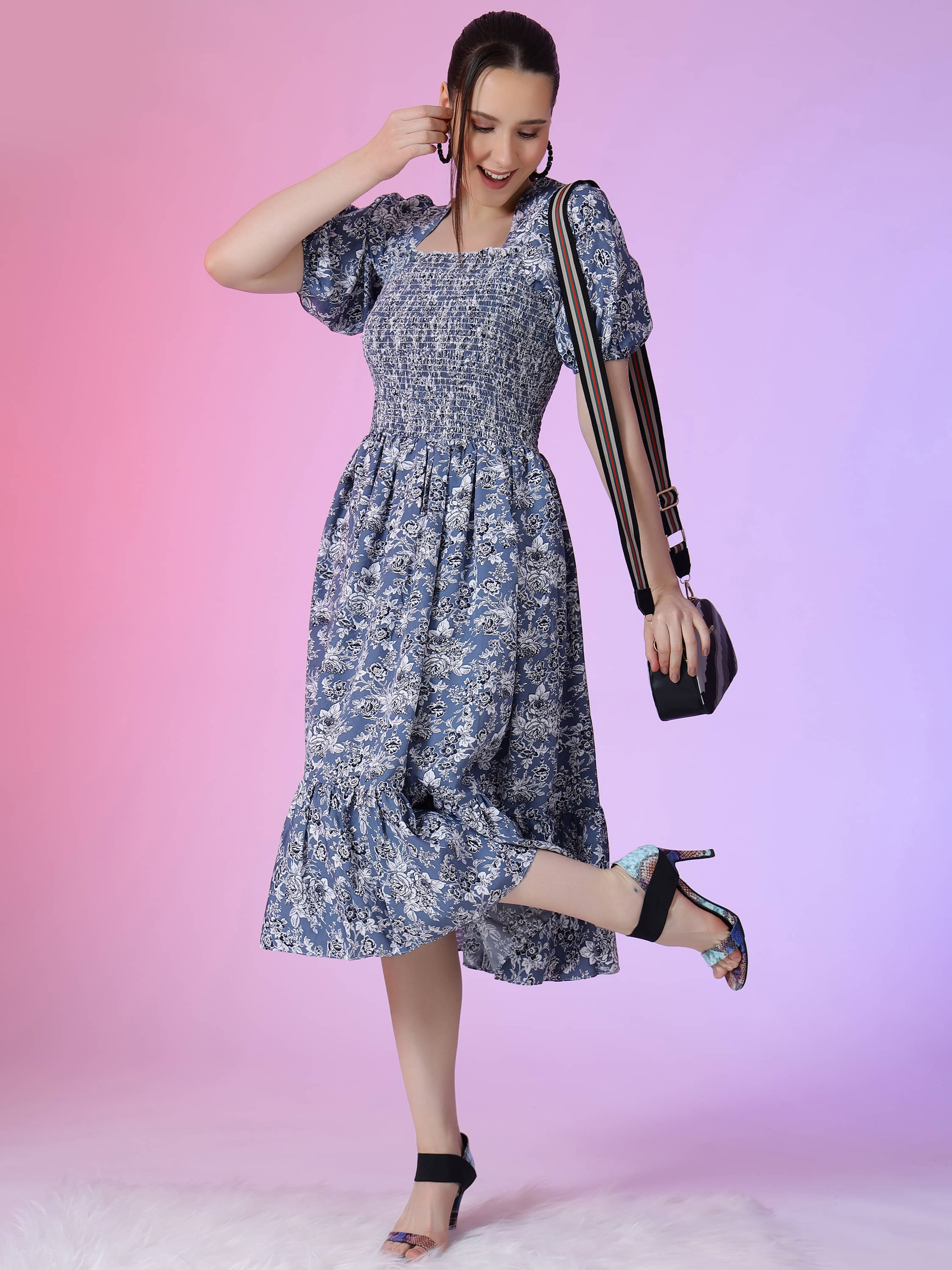 Femvy Women Polyester Printed Fit & Flare Dress ( Blue ) Femvy Women Polyester Printed Fit & Flare Dress ( Blue )