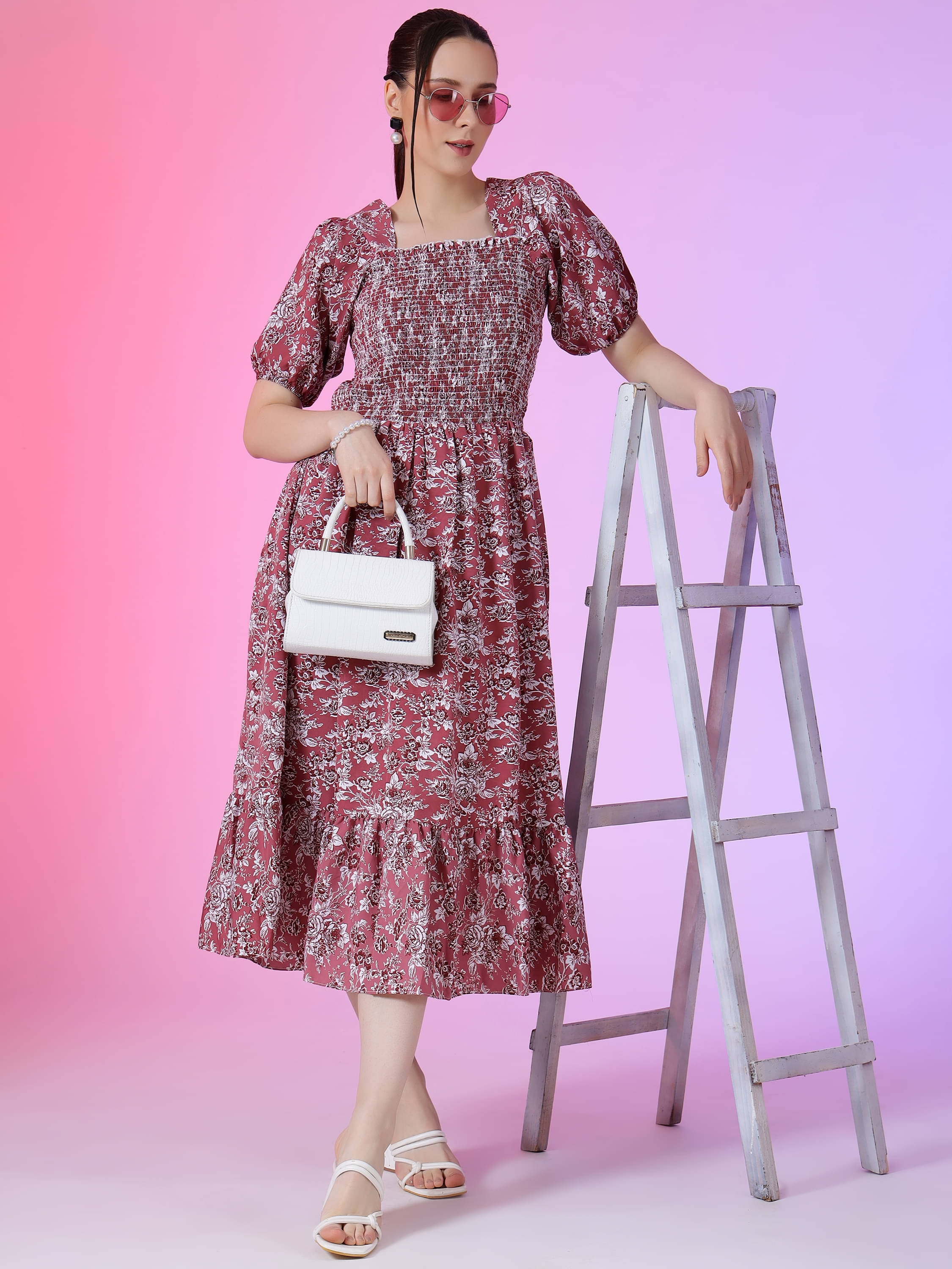 Femvy Women Polyester Printed Fit & Flare Dress ( Pink )     			Femvy Women Polyester Printed Fit & Flare Dress ( Pink )