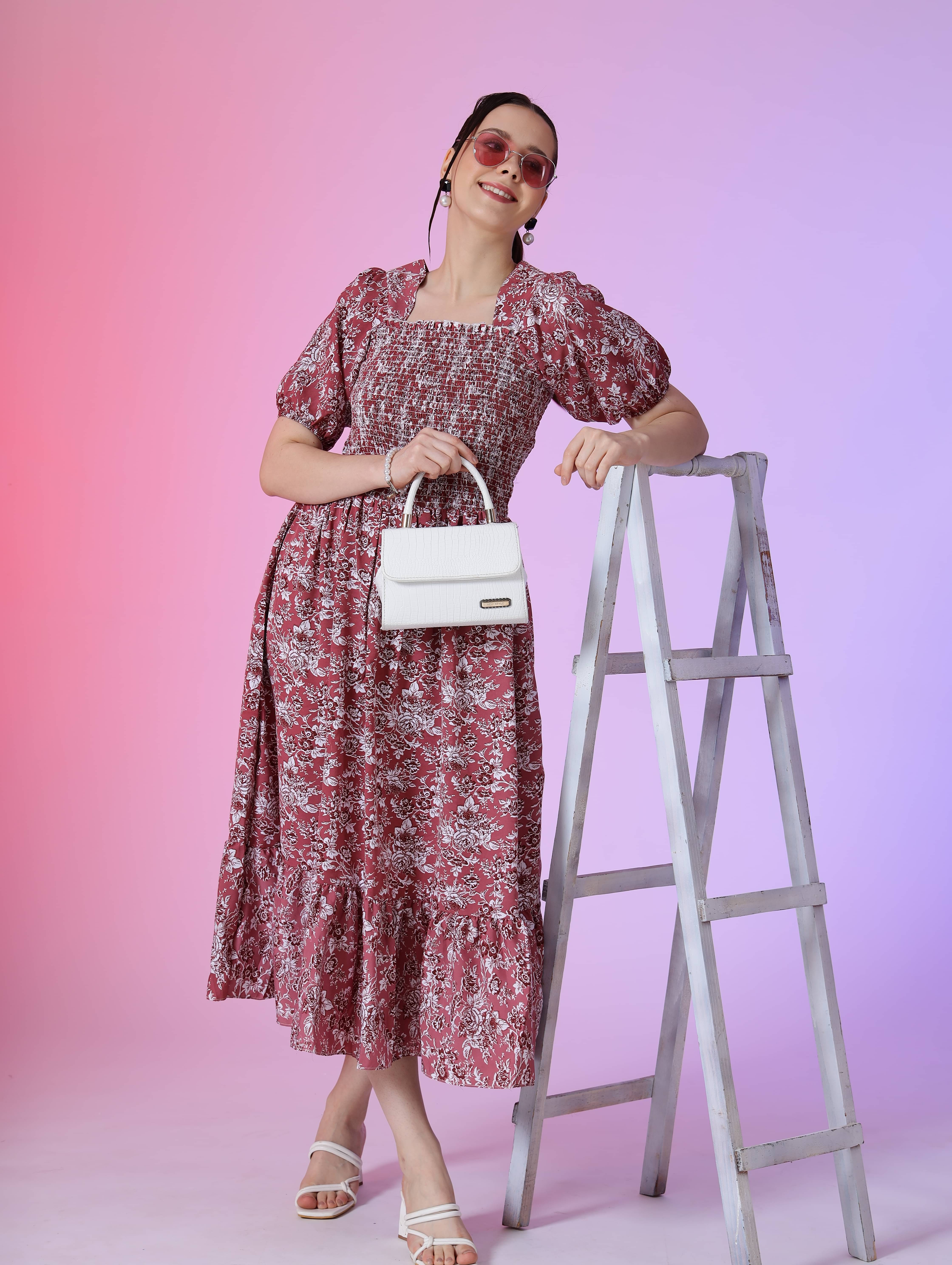 Femvy Women Polyester Printed Fit & Flare Dress ( Pink )     			Femvy Women Polyester Printed Fit & Flare Dress ( Pink )