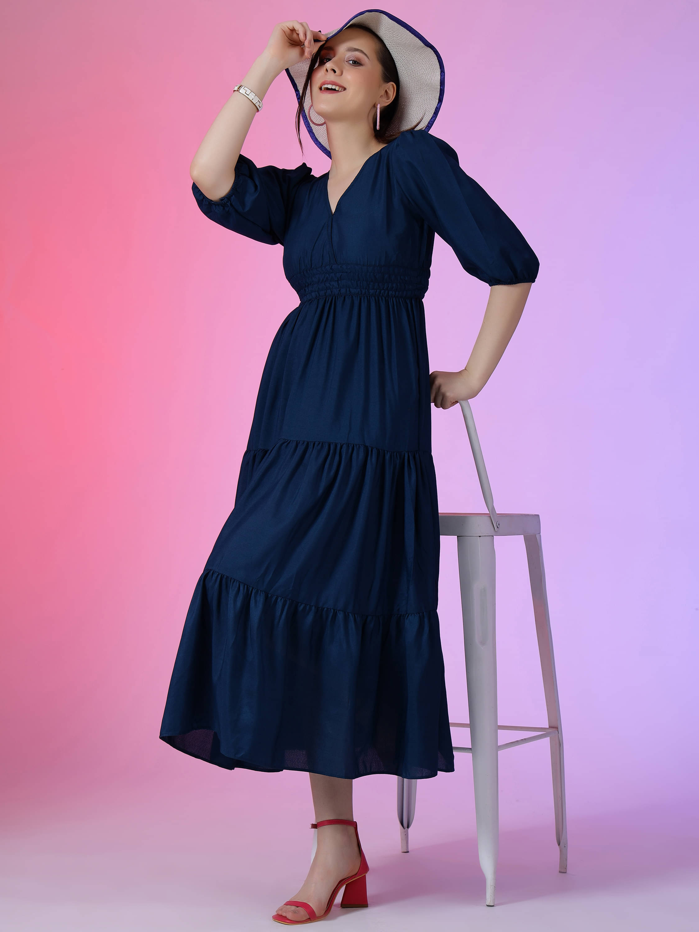 Femvy Women Polyester Solid Fit & Flare Dress ( Blue ) Femvy Women Polyester Solid Fit & Flare Dress ( Blue )