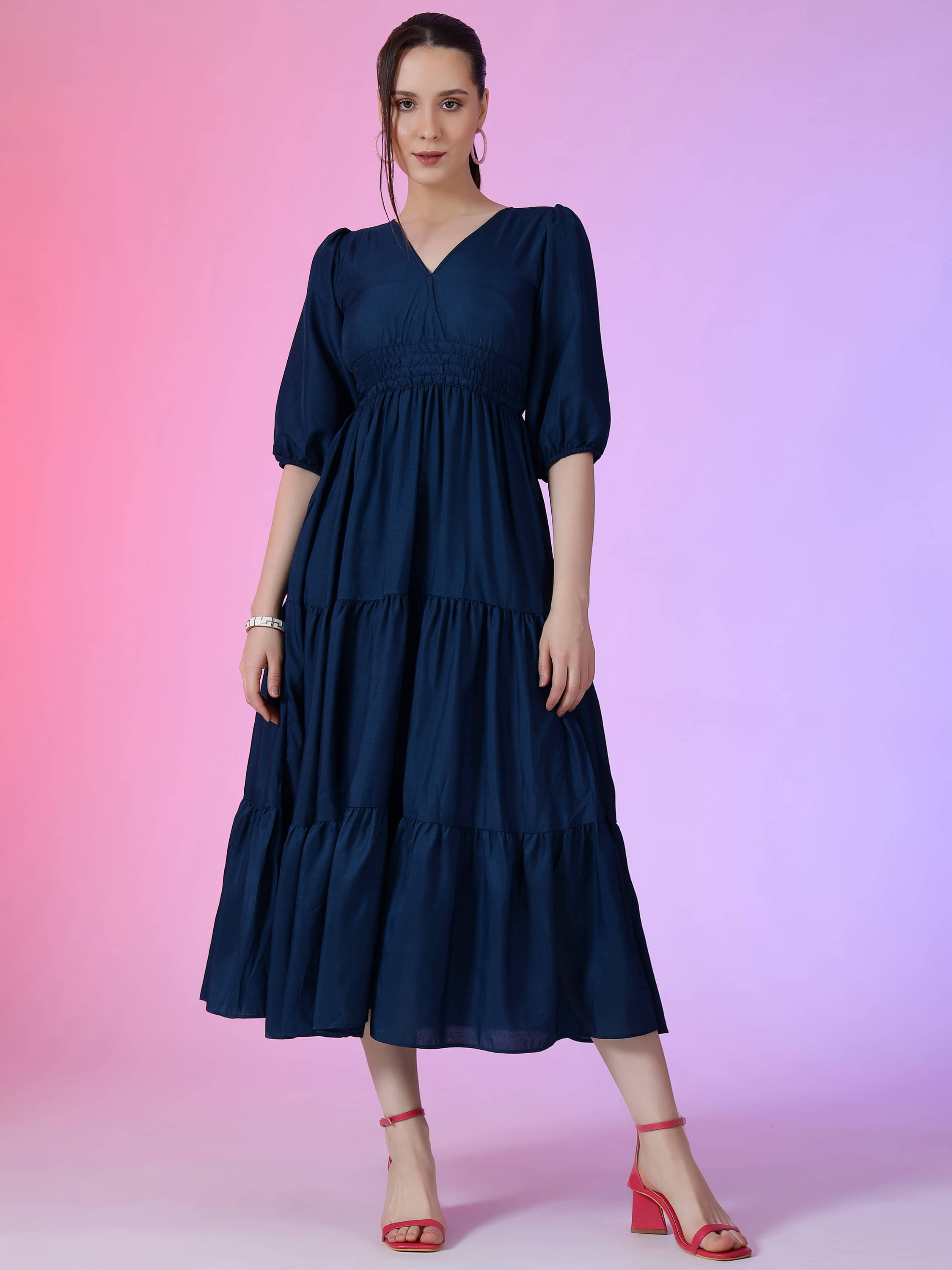 Femvy Women Polyester Solid Fit & Flare Dress ( Blue ) Femvy Women Polyester Solid Fit & Flare Dress ( Blue )