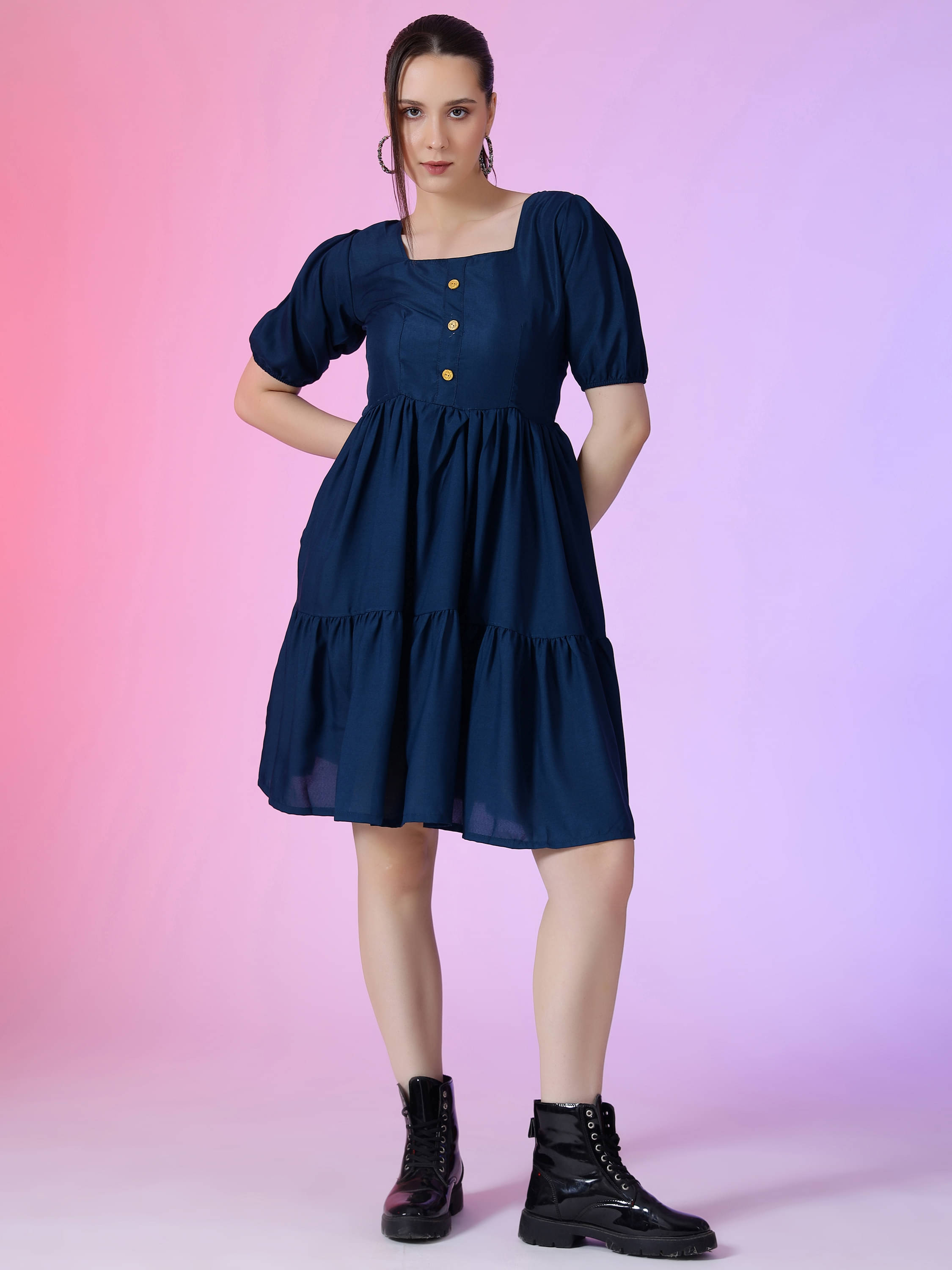 Femvy Women Polyester Solid Fit & Flare Dress ( Blue )     			Femvy Women Polyester Solid Fit & Flare Dress ( Blue )