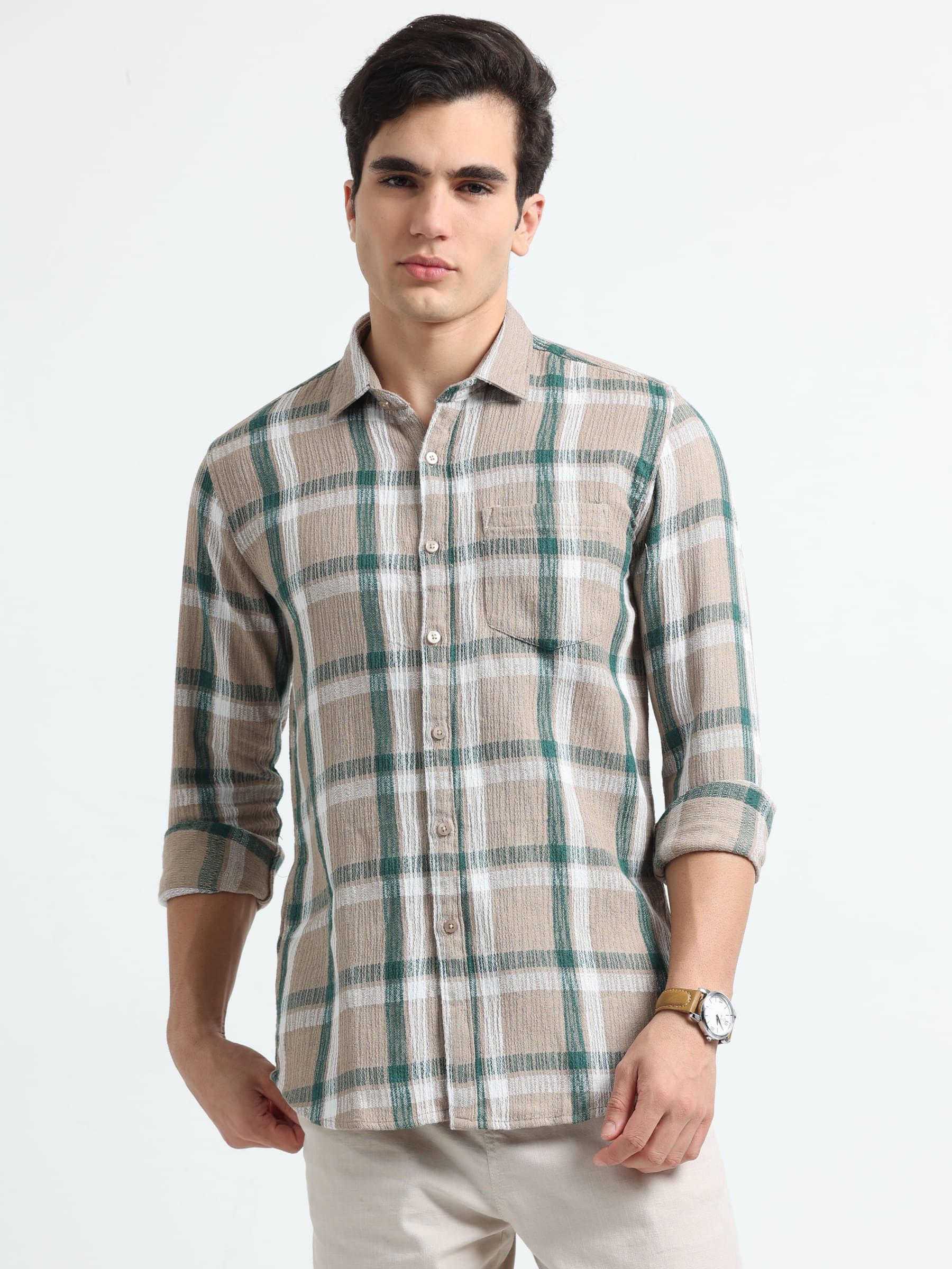     			HETIERS Cotton Blend Regular Fit Checks Full Sleeves Men's Casual Shirt - Beige ( Pack of 1 )