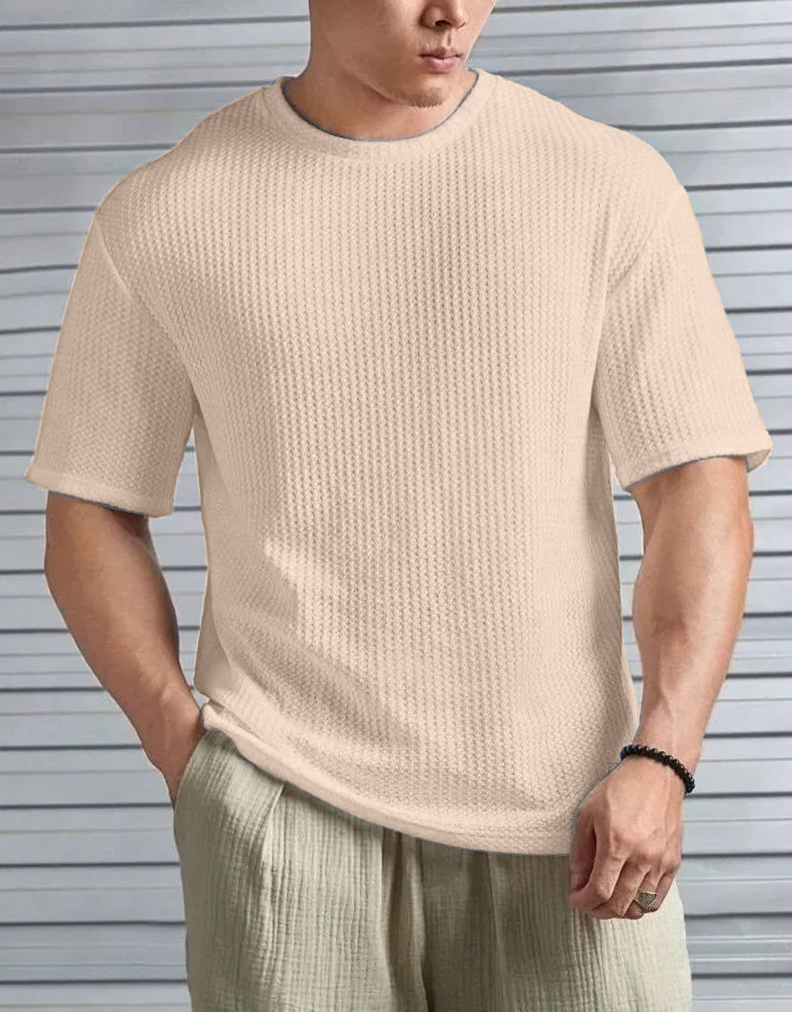 KAJARU Men Cotton Blend Regular Fit Popcorn Textured T-Shirt ( Off-White ) KAJARU Men Cotton Blend Regular Fit Popcorn Textured T-Shirt ( Off-White )