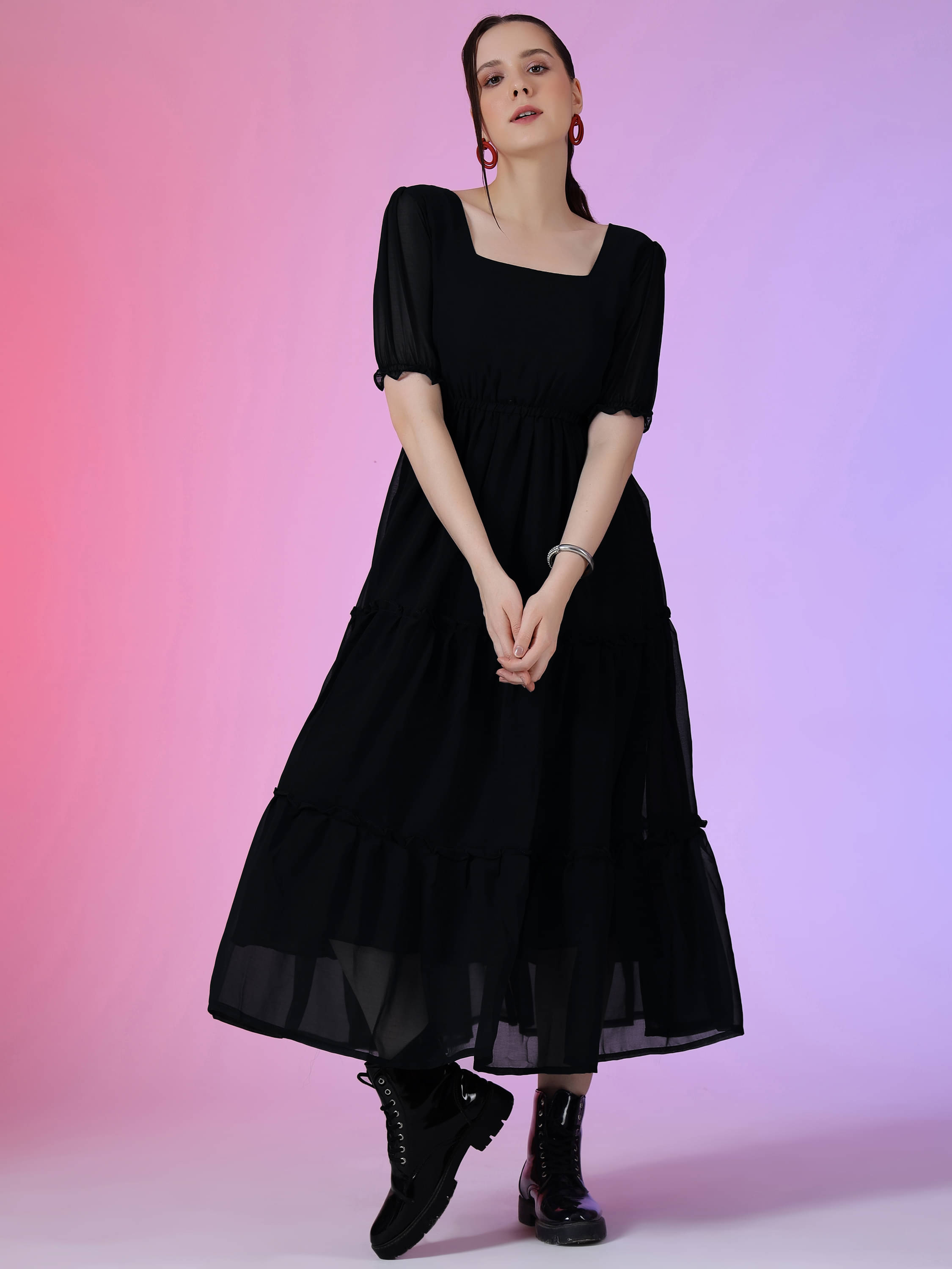 Krunal Raiyani Women Georgette Solid Fit & Flare Dress ( Black ) Krunal Raiyani Women Georgette Solid Fit & Flare Dress ( Black )
