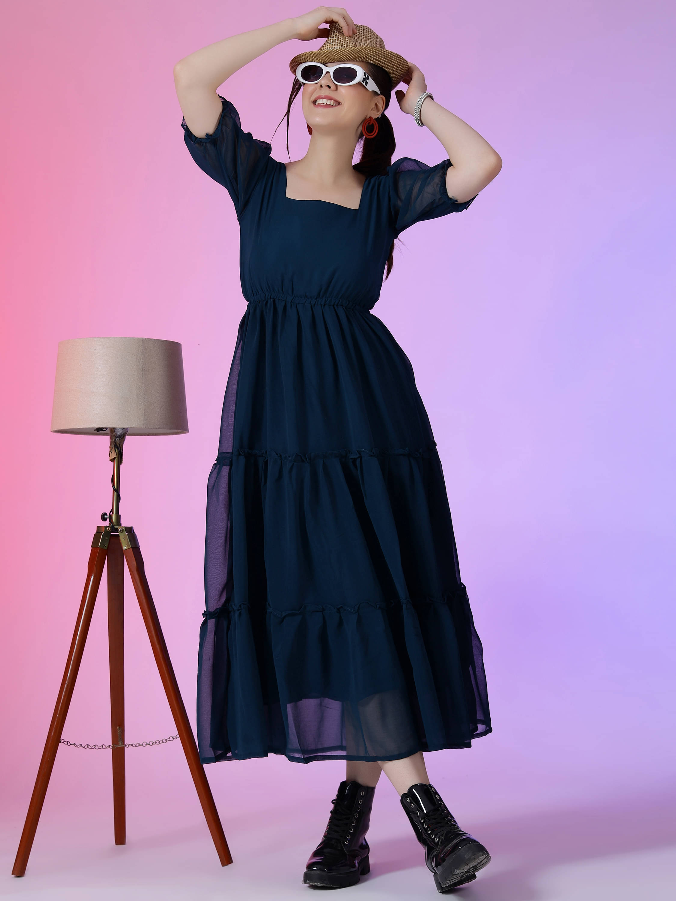 Krunal Raiyani Women Georgette Solid Fit & Flare Dress ( Blue ) Krunal Raiyani Women Georgette Solid Fit & Flare Dress ( Blue )