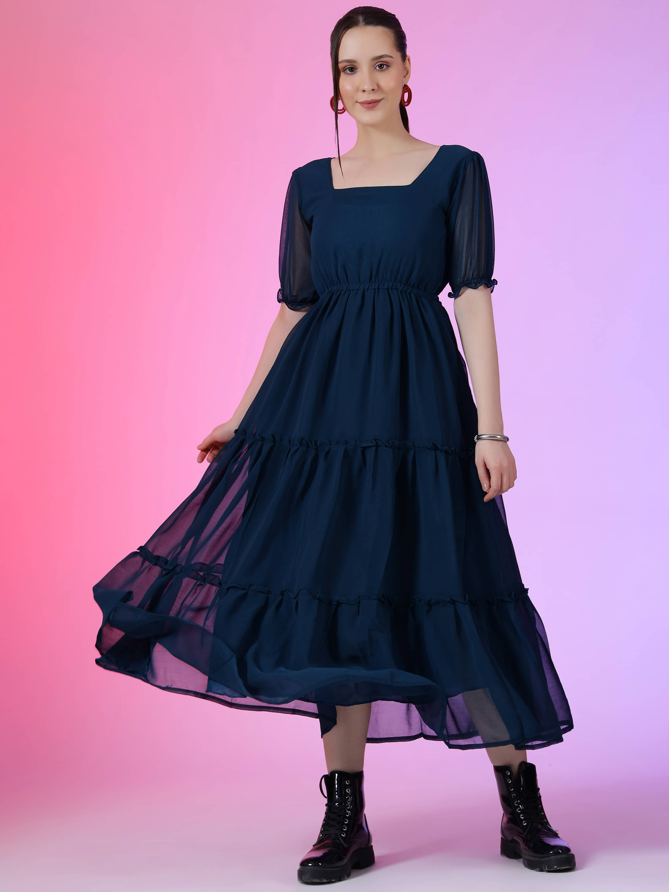 Krunal Raiyani Women Georgette Solid Fit & Flare Dress ( Blue ) Krunal Raiyani Women Georgette Solid Fit & Flare Dress ( Blue )