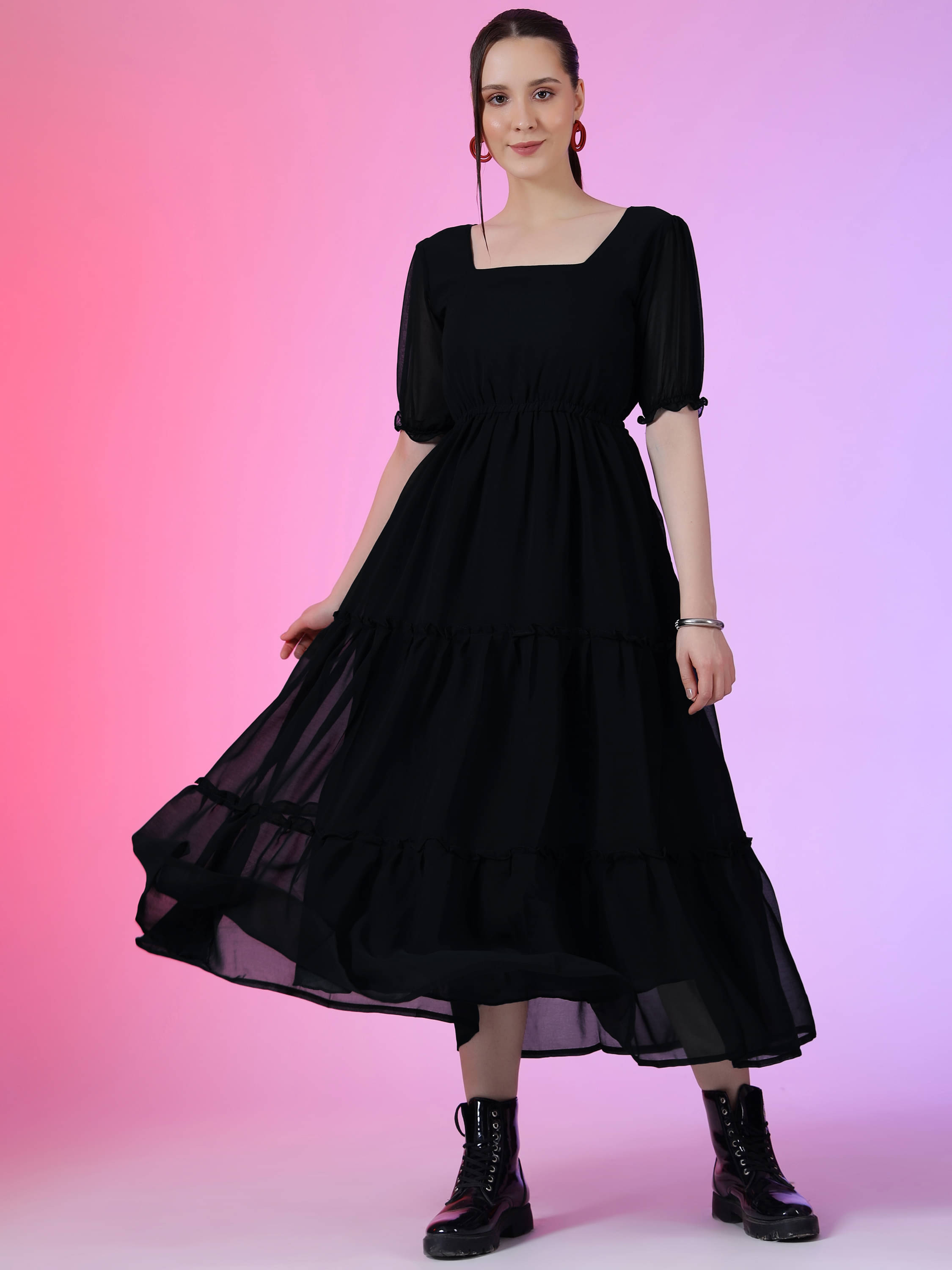     			Krunal Raiyani Women Georgette Solid Fit & Flare Dress ( Black )