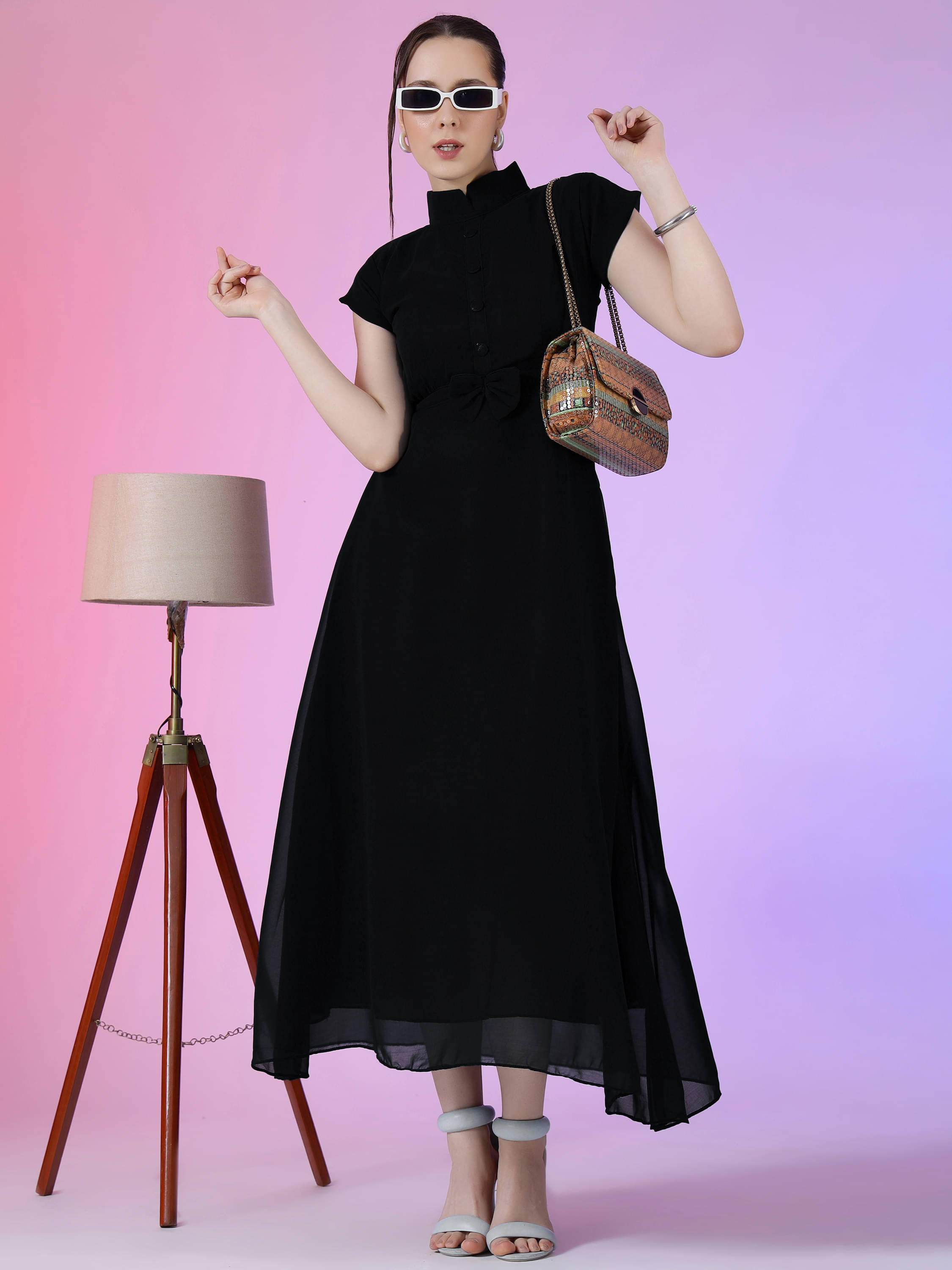 Krunal Raiyani Women Georgette Solid Fit & Flare Dress ( Black ) Krunal Raiyani Women Georgette Solid Fit & Flare Dress ( Black )