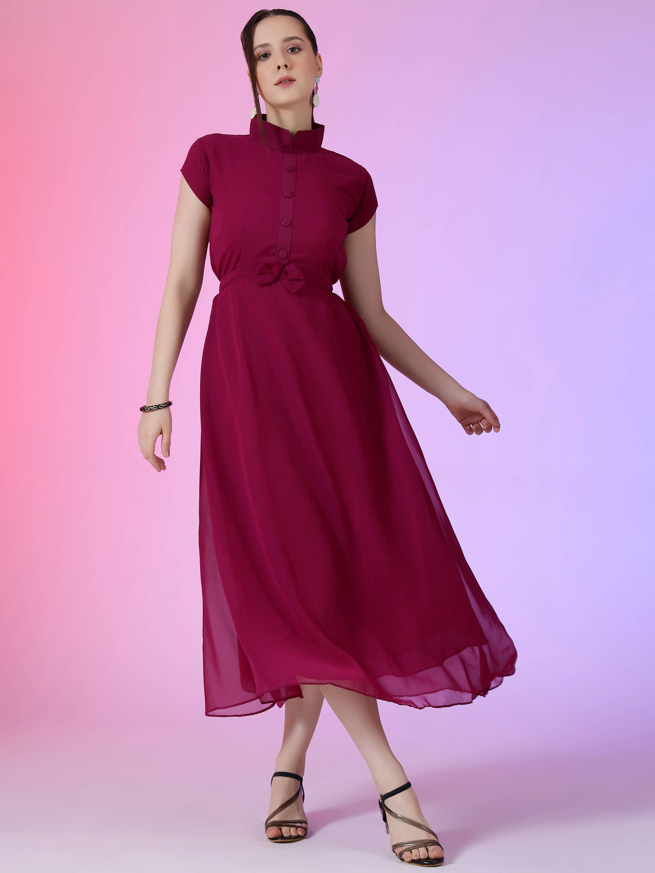 Krunal Raiyani Women Georgette Solid Fit & Flare Dress ( Wine ) Krunal Raiyani Women Georgette Solid Fit & Flare Dress ( Wine )